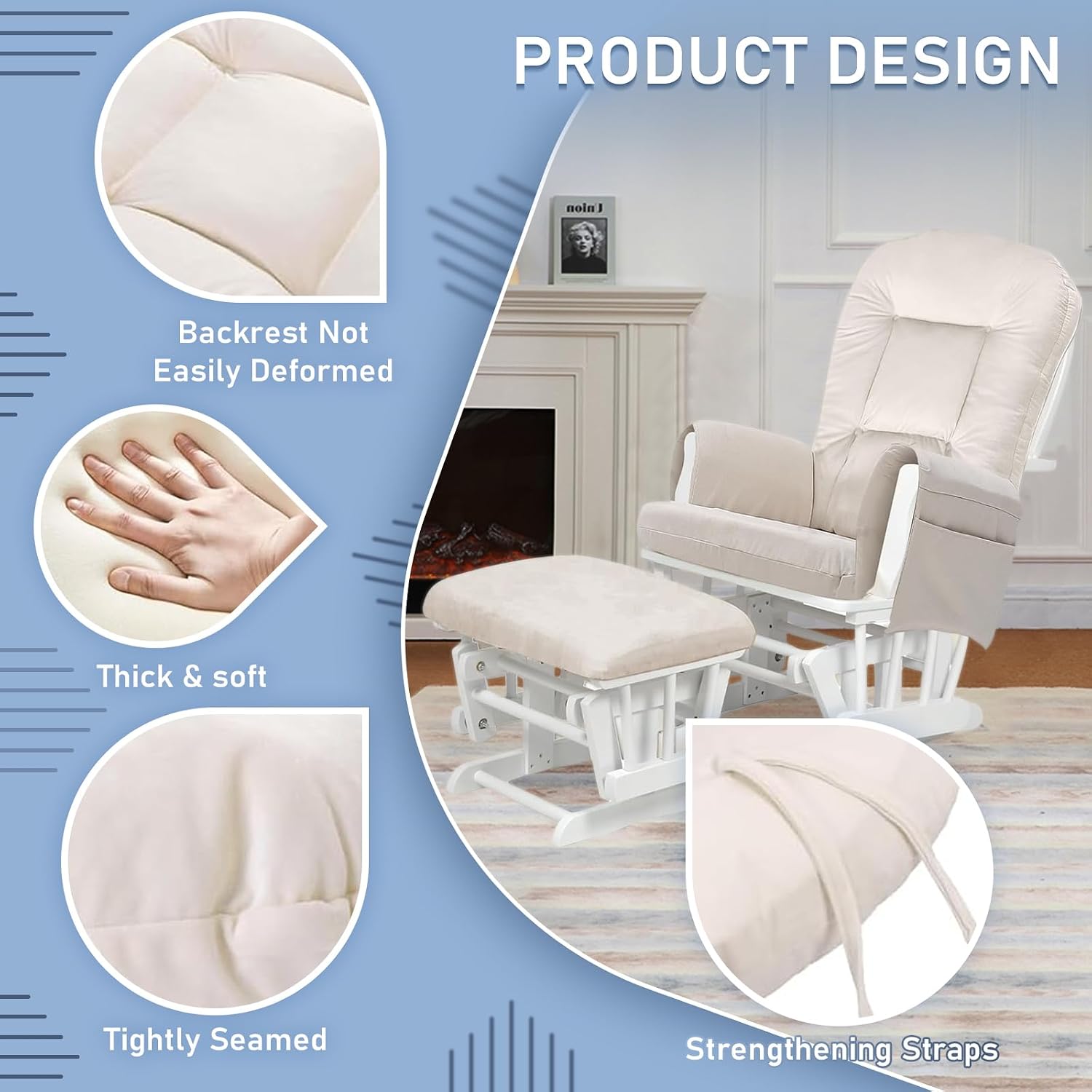 Extra Thick 5Pcs Glider Rocker Replacement Cushions Set - Soft Velvet Cushions with Ottoman Storage Pockets for Indoor Nursery Rocking Chairs