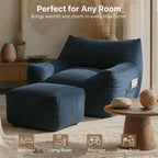 Oversized Bean Bag Chair with Ottoman, Bean Bag Couch with 2 Side Pockets, Corduroy Boneless Couch Chair in a Box, Comfy Lounge Chair for Living Room, Bedroom, Dorm, Blue