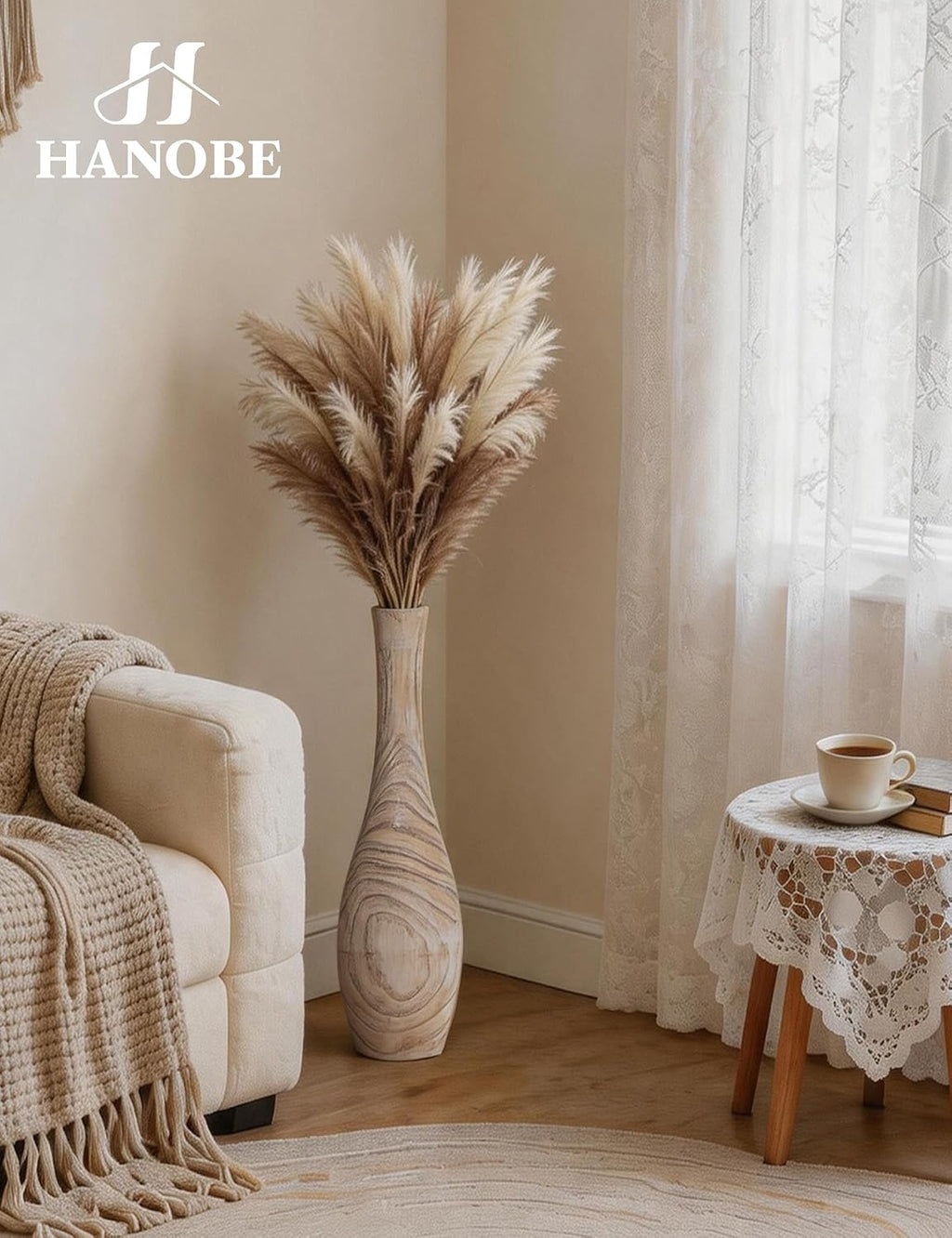Hanobe Wood Tall Floor Vase: 22 Inch Slender Beige Boho Vase for Pampas Grass - Decorative Large Vases for Farmhouse Living Room Corner Entryway Fireplace Home Decor