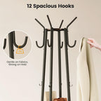 Homeiju Coat Rack with Storage Basket & 12 Hooks, Freestanding Heavy Duty Hall Tree for Entryway, Standing Coat Rack Stand for Hallway, Bedroom, Office