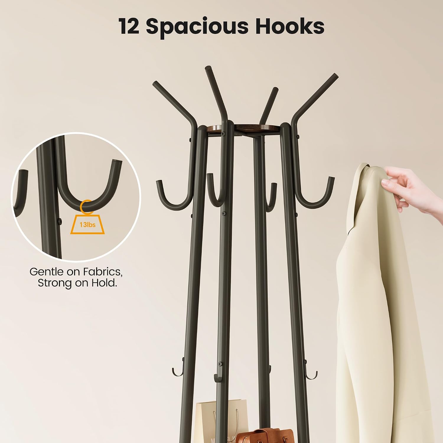 Homeiju Coat Rack with Storage Basket & 12 Hooks, Freestanding Heavy Duty Hall Tree for Entryway, Standing Coat Rack Stand for Hallway, Bedroom, Office