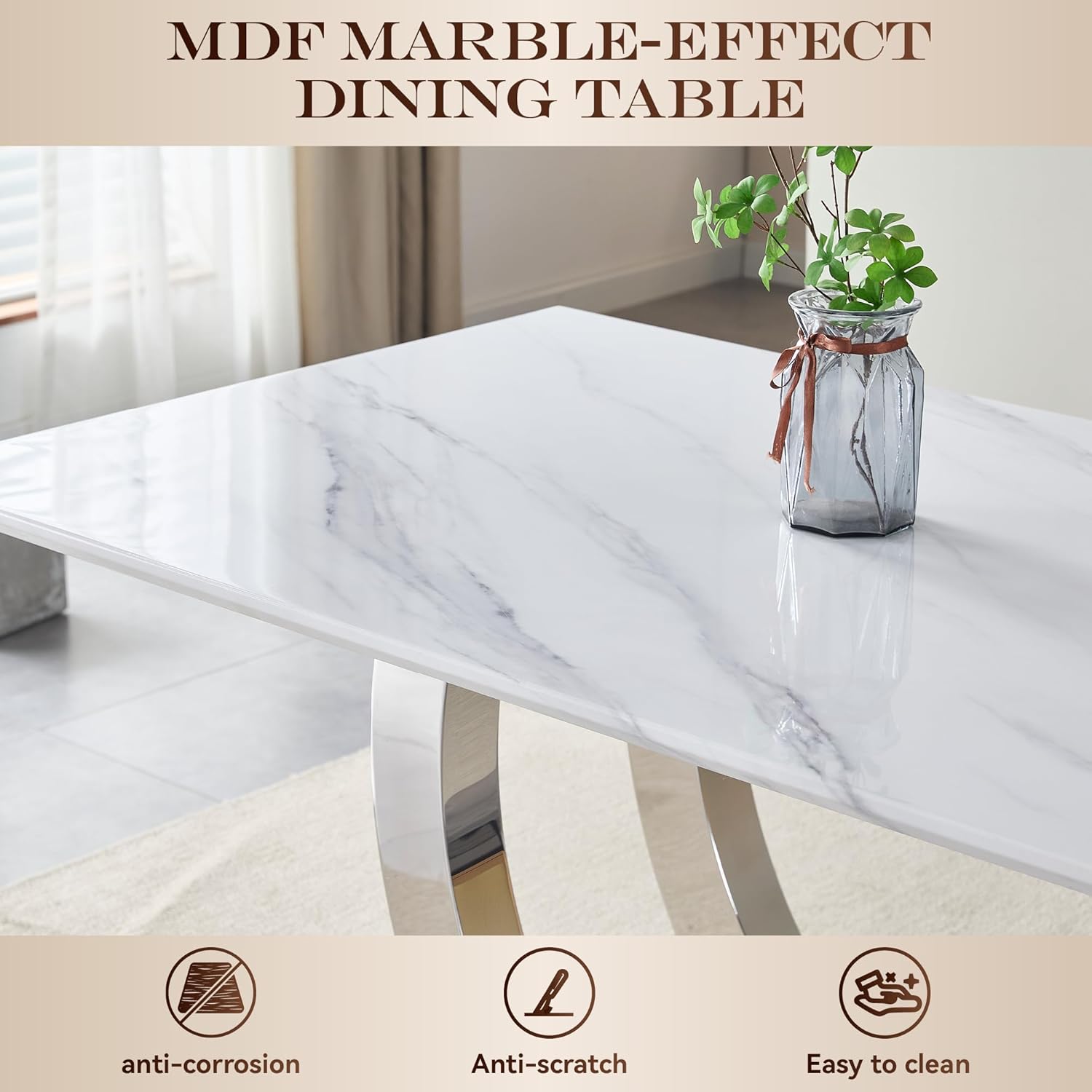 69.3" White Marble Dining Table for 6-8, Luxury Rectangular Kitchen Table with Silver Double U-Shape Stainless Steel Base, Modern Large Faux Marble Dining Room Table for Kitchen Living Room
