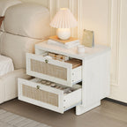 LAZZO White Nightstands Set of 2 with Rattan Drawers, Modern Bedside Table | 23.6 inch Night Stand with Large Storage Space for Bedroom Living Room Office, White Oak Texture, 4 Vintage Brass Handles