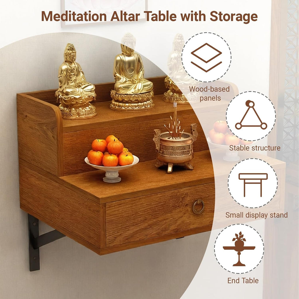 Solid Wood Wall Mounted Altar Table with Pull-Out Drawer for Incense & Meditation Personal Shrine Stand Prayer Altar Cabinet with Storage for Home(Teak color,50*40*30cm/19.7*15.7*11.8in)