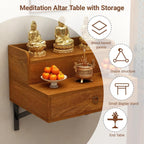 Solid Wood Wall Mounted Altar Table with Pull-Out Drawer for Incense & Meditation Personal Shrine Stand Prayer Altar Cabinet with Storage for Home(Teak color,50*40*30cm/19.7*15.7*11.8in)
