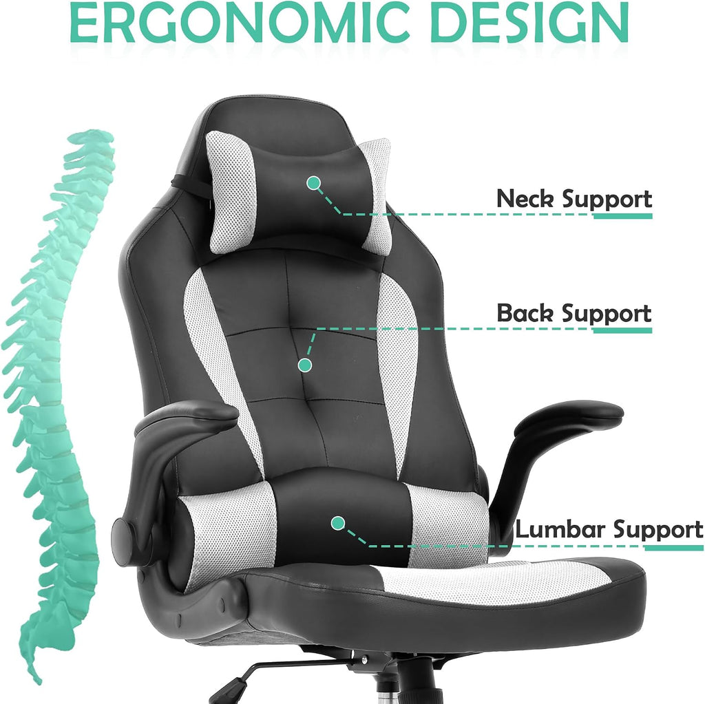 Cheap Video Game Chair, PC Gaming Chair Ergonomic Computer Game Chair with Headrest and Lumbar Support Adjustable Armrest PU Leather High Back Racing Swivel Office Chair for Adults Kids White