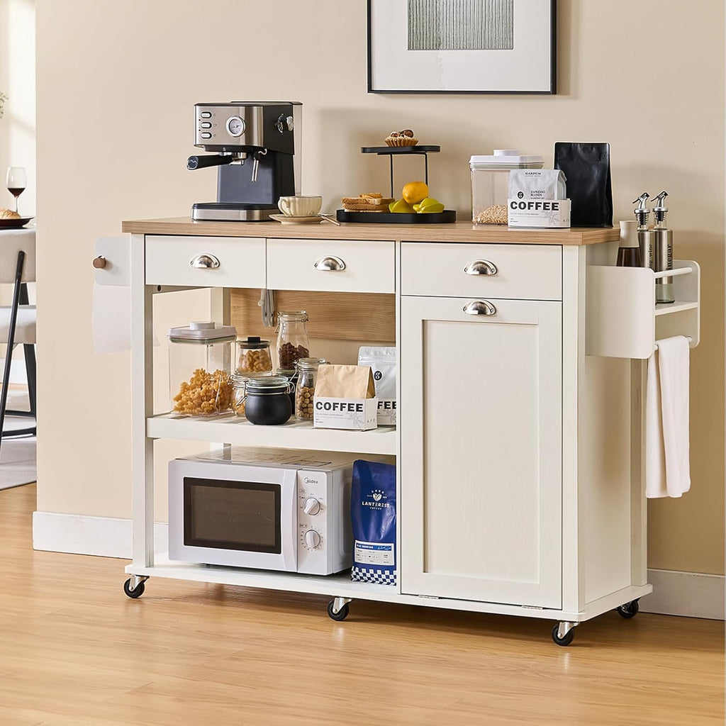 ONBRILL 56" Kitchen Island with Drop Leaf, Rolling Kitchen Cart with Trash Cabinet, Power Outlet, 2-Tier Open Shelves, 3 Drawers, Spice & Paper Towel Racks, 6 Wheels (4 Locking) for Dining Room, White