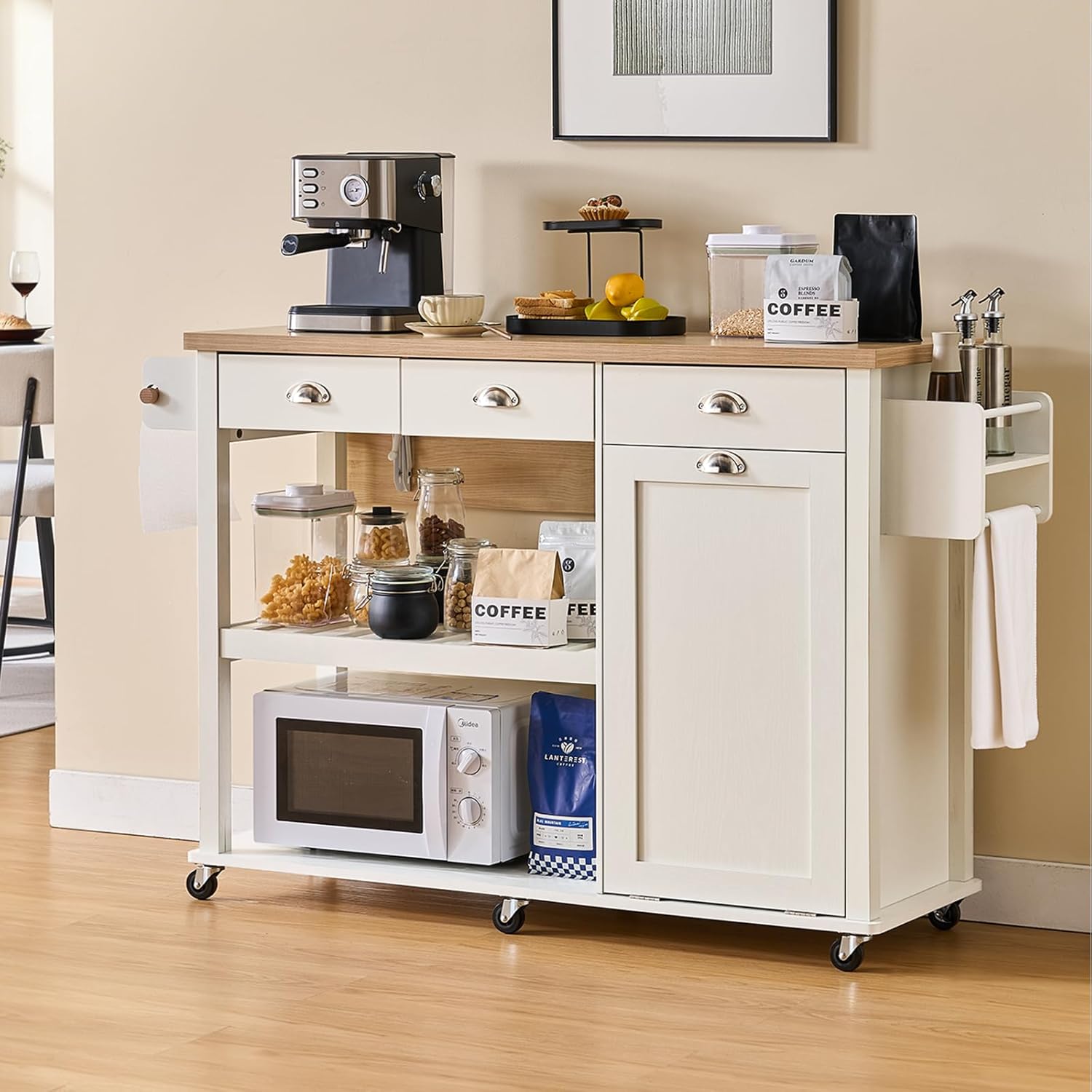 ONBRILL 56" Kitchen Island with Drop Leaf, Rolling Kitchen Cart with Trash Cabinet, Power Outlet, 2-Tier Open Shelves, 3 Drawers, Spice & Paper Towel Racks, 6 Wheels (4 Locking) for Dining Room, White