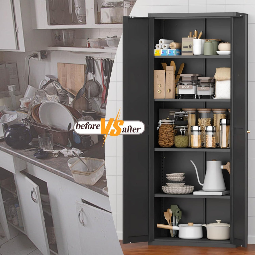 Metal Storage Cabinet with Doors and Shelves, Tall Kitchen Pantry Cabinet, Modern Freestanding Food Storage Cabinet with Gold Handles for Living Room, Dining Room, Office, (Black, 71")