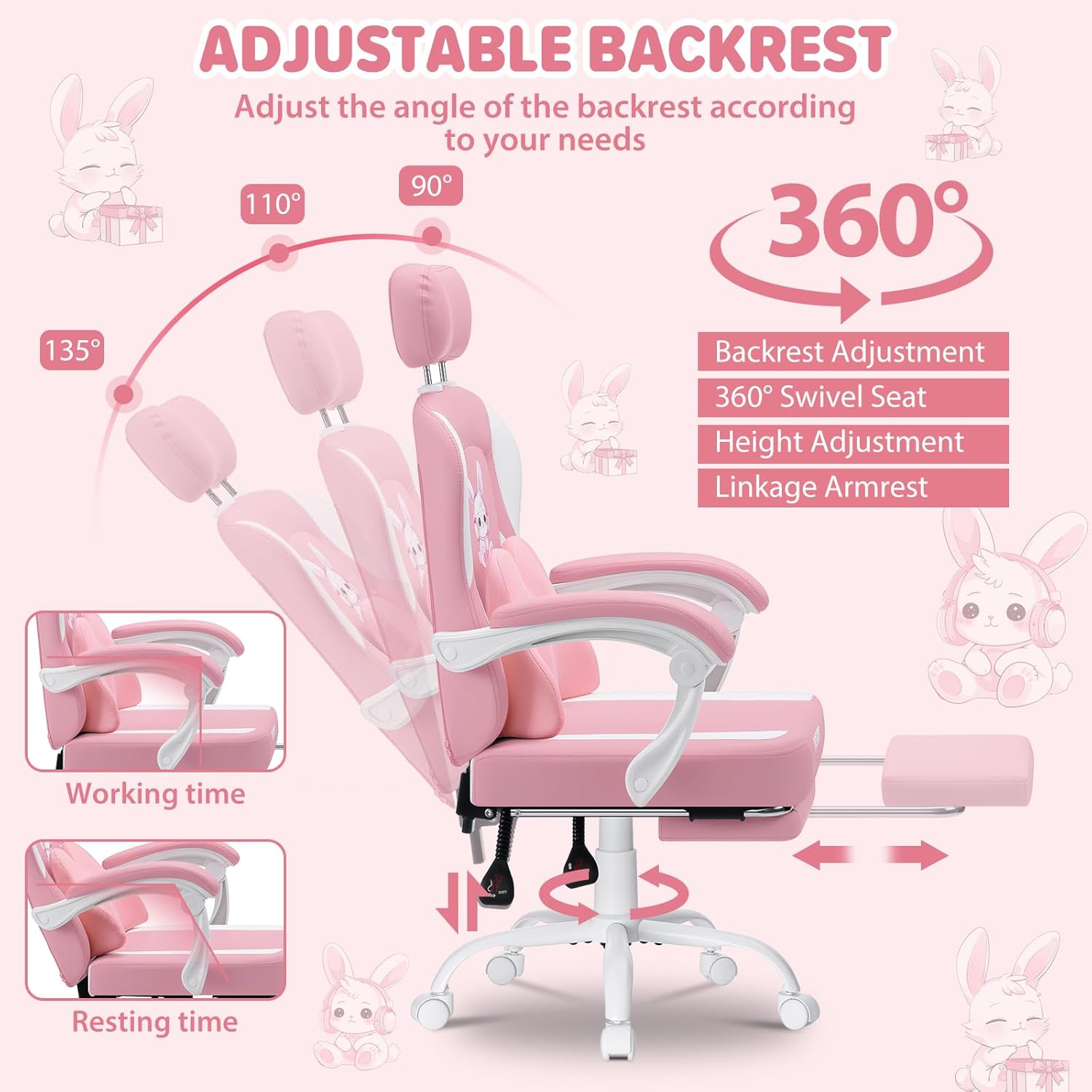 HOFFREE Kids Computer Gaming Chair for Girl with Cute Bunny Massage Lumbar Pillow Kids Pink Desk Office Chair with Adjustable Headrest and Footrest for Teen Girls