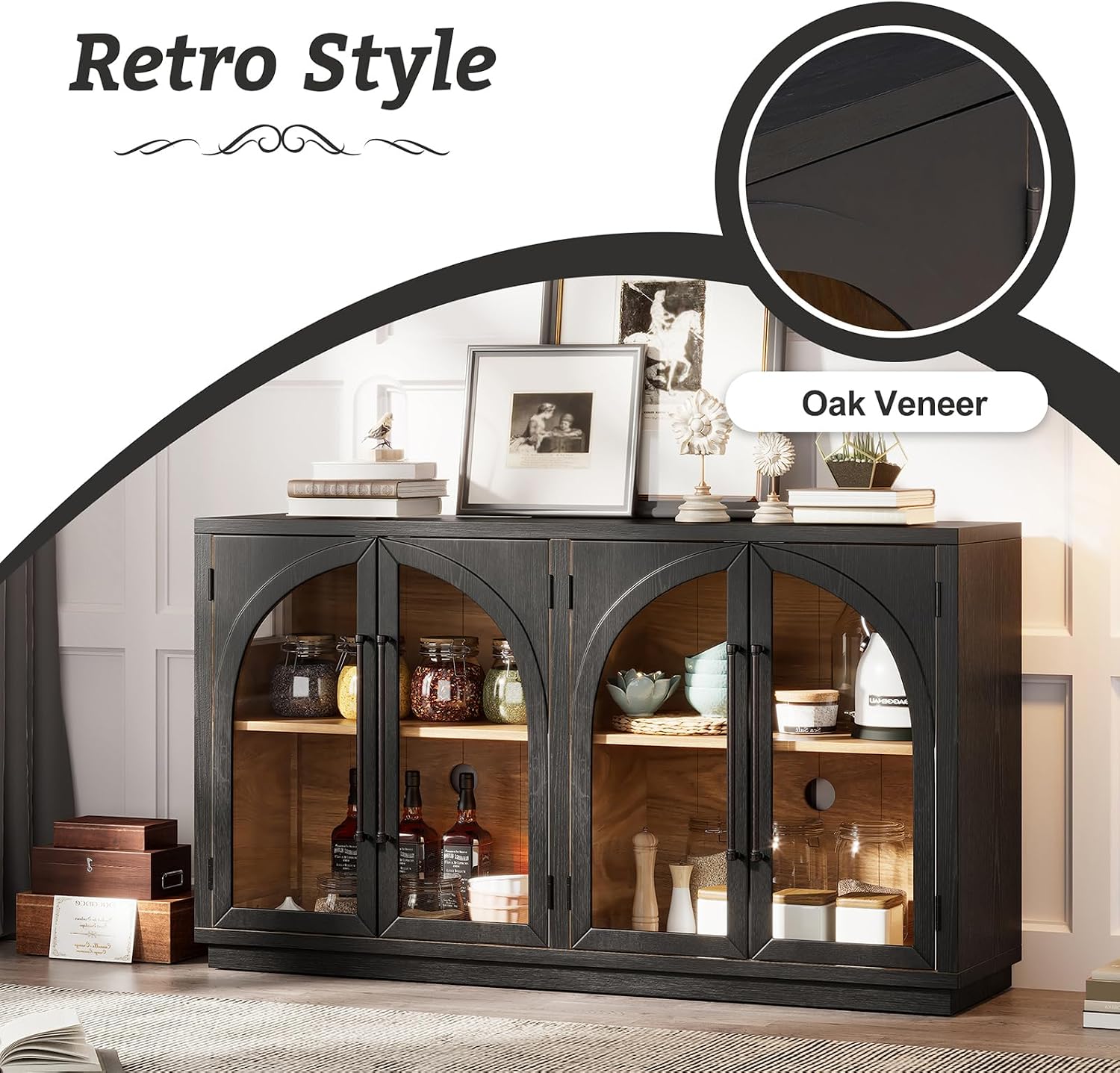 Large Arched Kitchen Sideboard, Wooden Storage Cabinet with Glass Doors with Adjustable Shelves for Kitchen, Dining Room and Bathroom (Black)