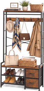 Faesun Hall Tree with Bench and Shoe Storage, Coat Rack, 5-in-1, 31.5" Entryway Bench with 2 Fabric Drawers, Mudroom Bench with Storage and Hooks, Rustic Brown