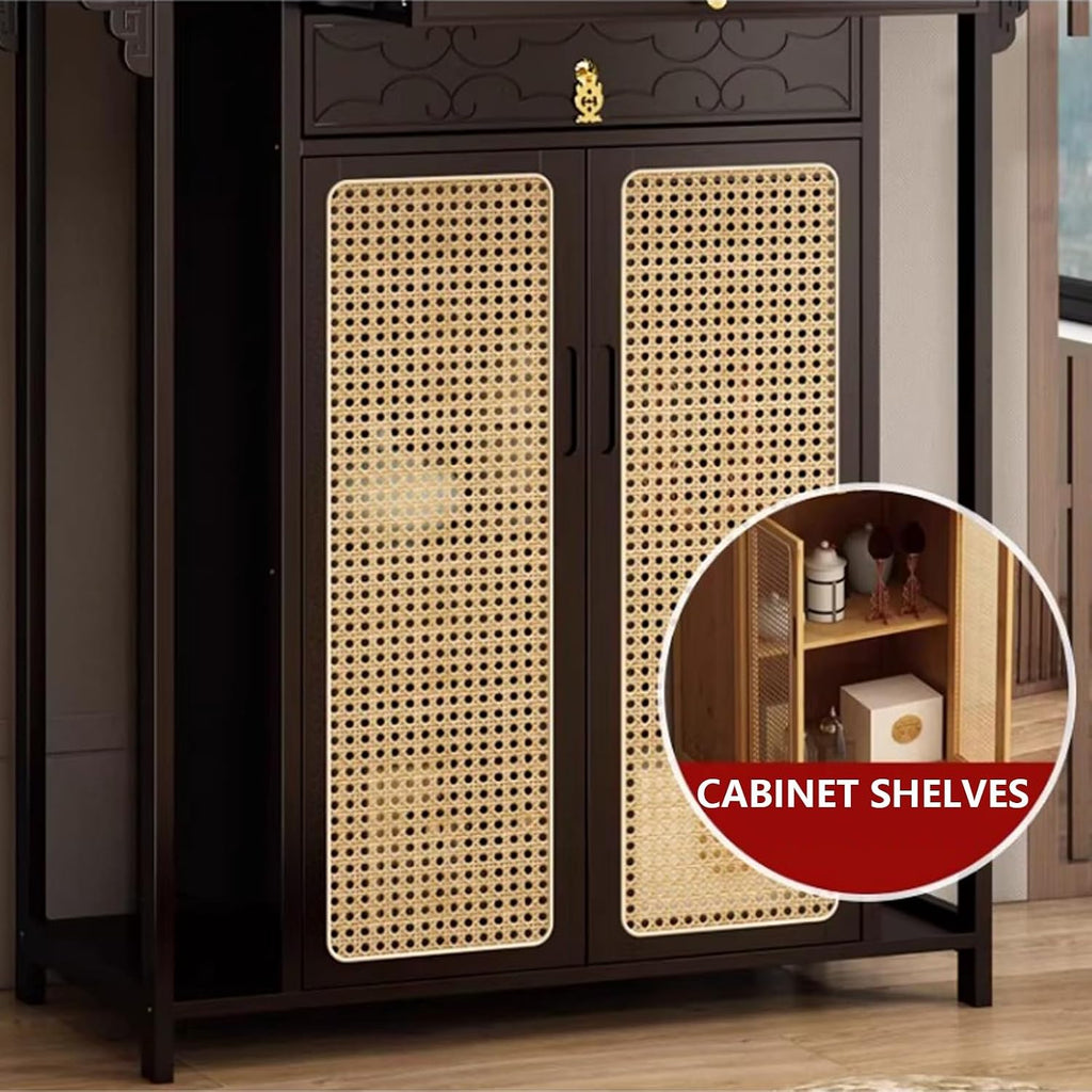Chinese Shrine Altar Table with Storage, Bamboo Buddha Buddhist Altar Cabinet, Offering Meditation Table with Plastic Rattan Door, for Living Room, Temples(Black,100cm/39.3in)