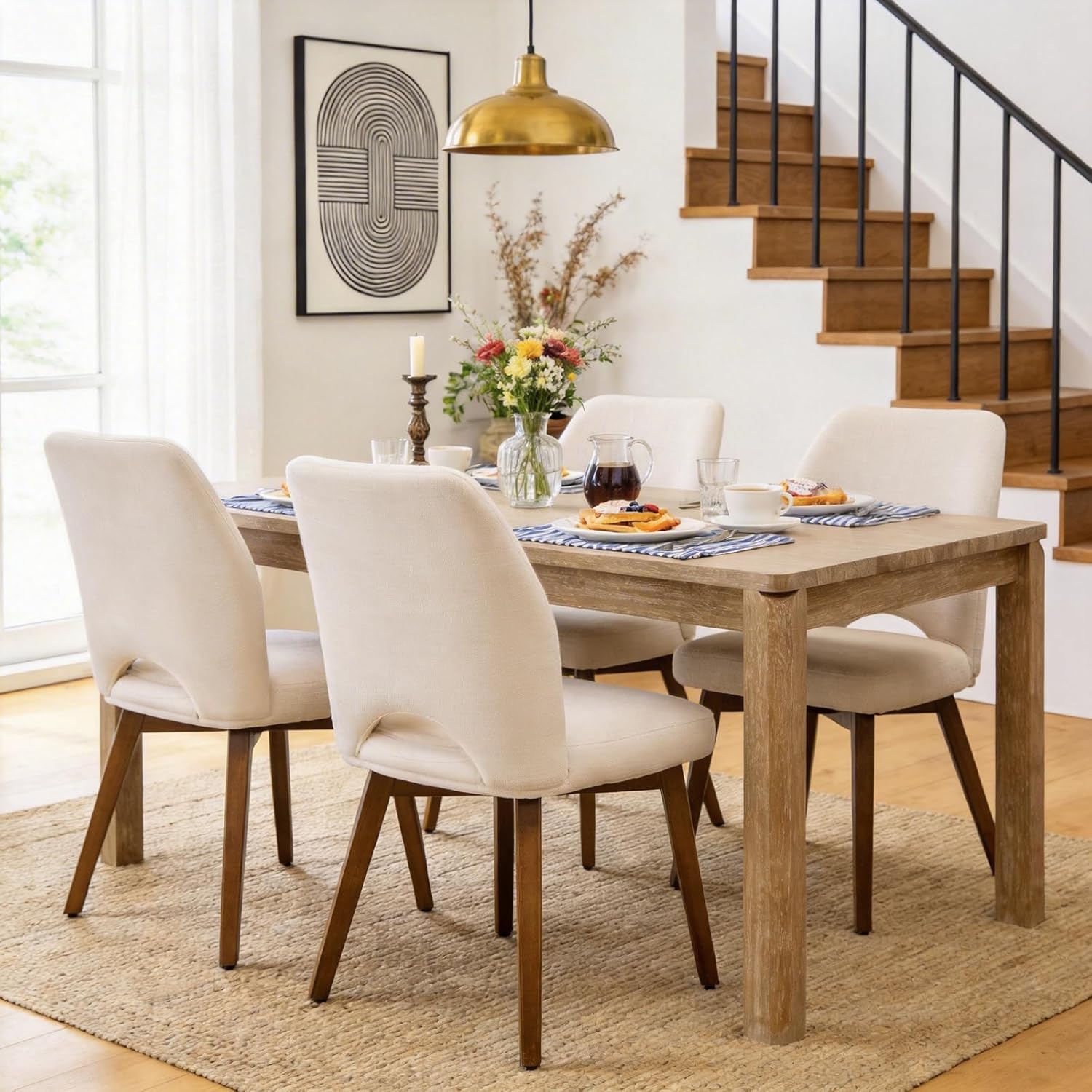 Dining Chairs Set of 4, Upholstered Kitchen Chairs with Unique Cutout High Back & Wood Legs, Comfortable Fabric Side Chair for Dining Room, Living Room, Beige