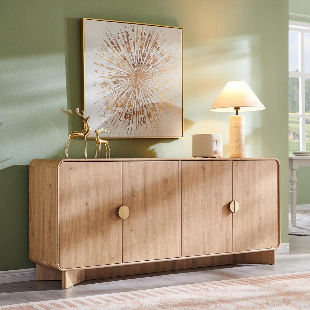 IFGET Modern Buffet Cabinet with Storage, 70" Large Sideboard Buffet Storage Cabinet with 4 Doors and Adjustable Shleves, Wooden Curved Coffee Bar for Dining Room, Kitchen, Living Room, Natural Oak