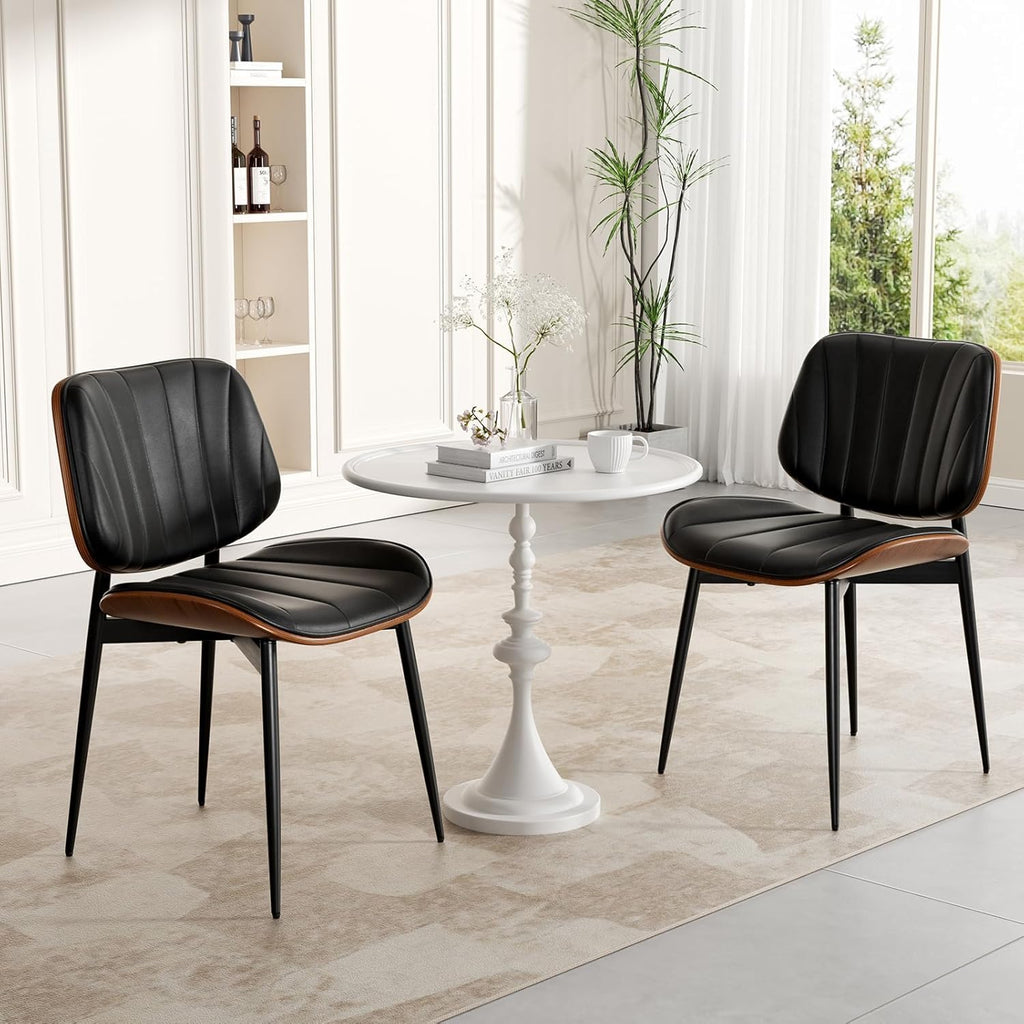 Dining Chairs Set of 4, Mid Century Modern Dining Room Chairs, Upholstered Faux Leather Kitchen Chairs with Walnut Bentwood Back and Metal Legs for Kitchen Dining Room Living Room, PU Black