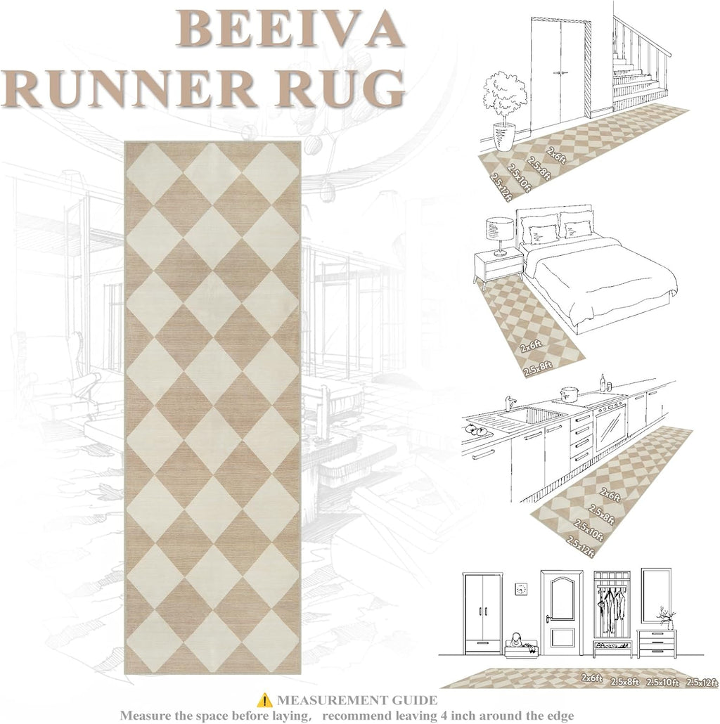 Beeiva Checkered Print Carpet Runners for Hallway 6ft, Beige Ultra Thin Washable Kitchen Runner Rug Non Slip, Moroccan Plaid Checkerboard Decor Faux Wool 2x6 Rug for Bedroom Bathroom Entryway