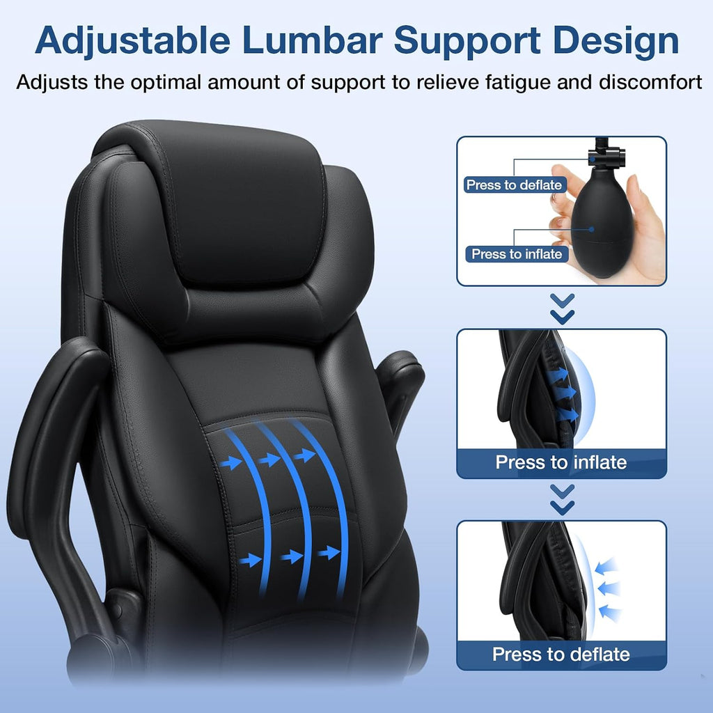 HOFFREE Executive Office Chair with Adjustable Lumbar Support,450lbs Heavy Duty Big & Tall PU Leather Ergonomic Desk Chair with Flip-up Armrests, Comfy Computer Chair for Home Office,Black