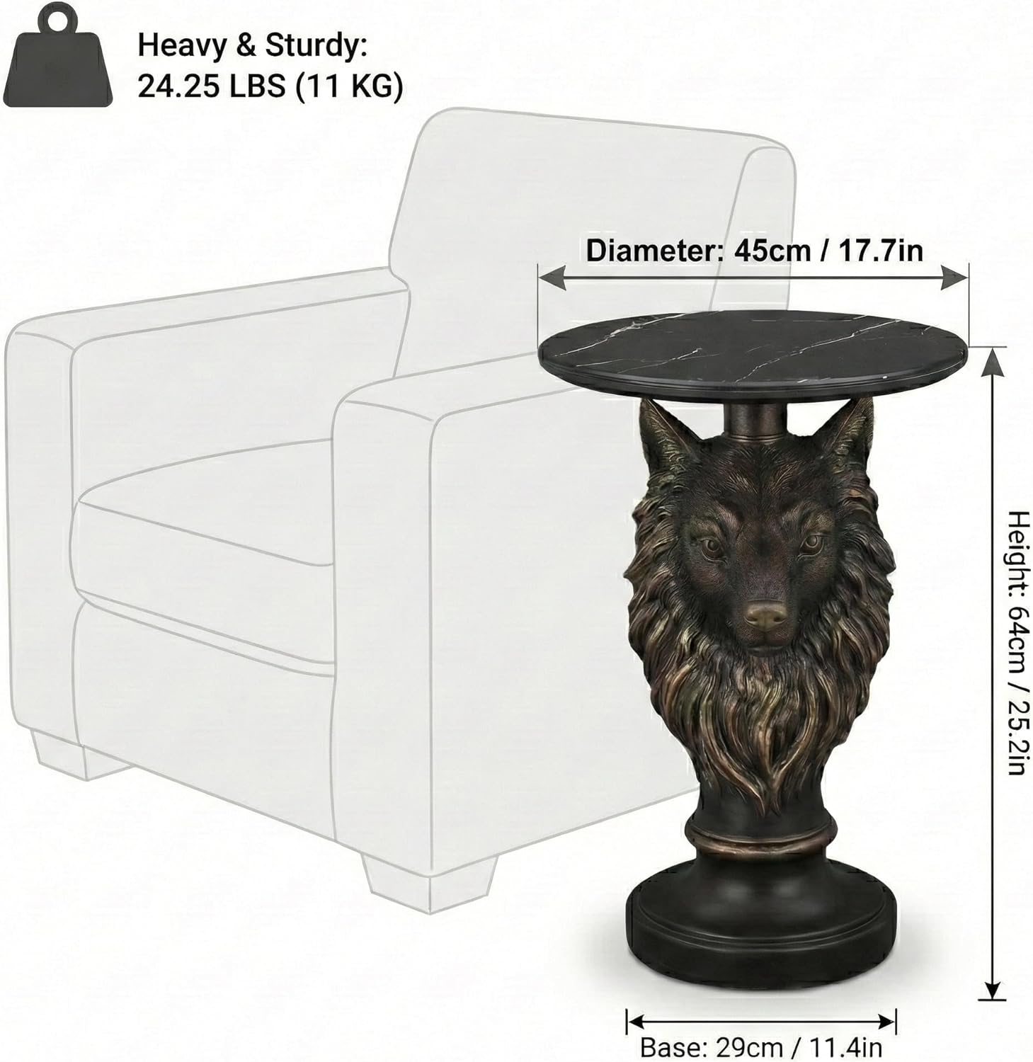 Wolf Head Side Table, Round End Table with 17.72" Black Faux Marble Top, Resin Wolf Statue Base, Unique Animal Accent Tables for Living Room Bedroom Home Decor