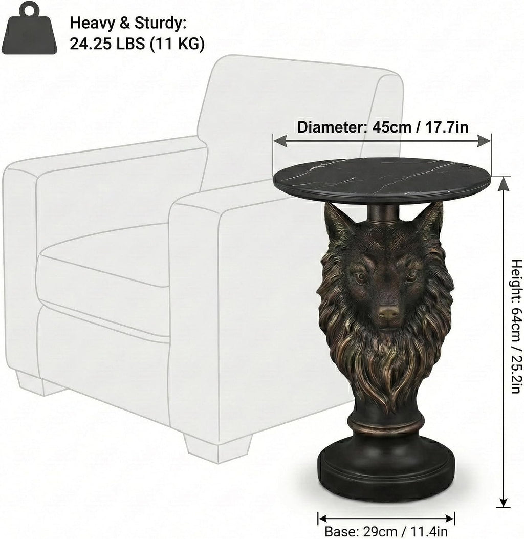 Animal Statue Accent End Table Faux Marble Top Resin Sculptural Pedestal Side Table for Living Room Bedroom Entryway Reading Nook Home Decor Display Stand Small Round Nightstand (Wolf Head)
