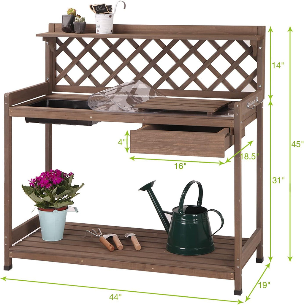 Outdoor Potting Bench, Wooden Garden Workstation Table w/Drawer, Open Shelf, Lower Storage- Extra PVC Layer