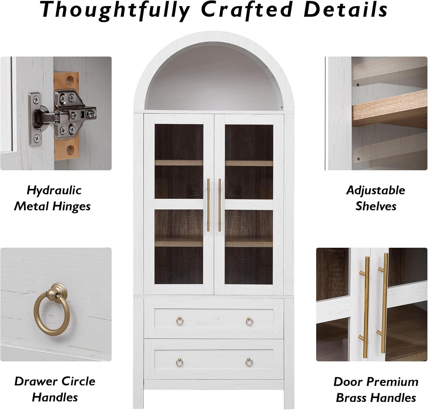 71" Tall Arched Kitchen Pantry Cabinet,Wood Storage Cabinets Food Pantry Funiture with 2 Large Drawers and Adjustable Shelves,Farmhouse Versatile Cupboard for Kitchen,Living Room,Dining Room (White)