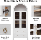 71" Farmhouse Arched Storage Cabinet with Glass Doors, Tall Arched Cabinet with Drawer, Adjustable Shelves & Door Racks, Modern Kitchen Pantry Cupboard, White