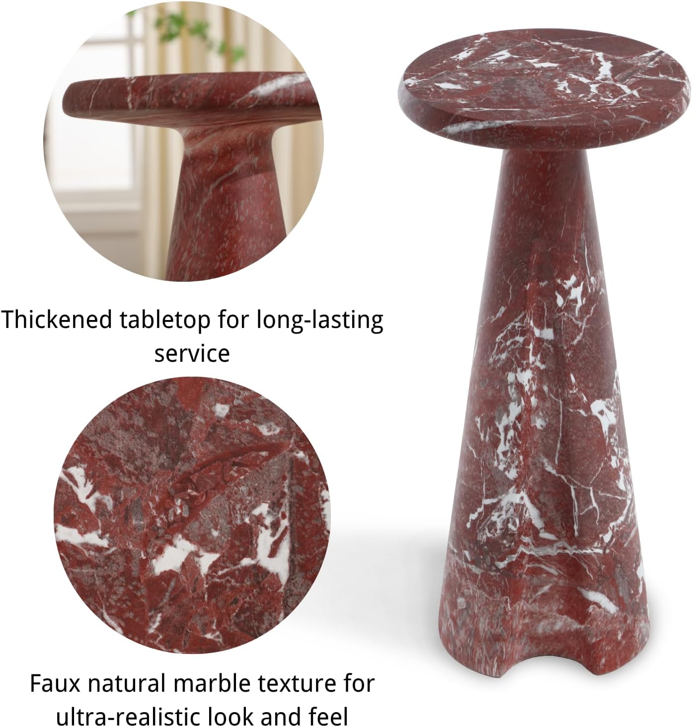 Modern Faux Marble Bedside Table for Living Room, 9" Round Stone Side Table Vintage Night Stand, Small Rustic Red End Table for Drink in Bedroom Apartment Waiting Room, White and Red