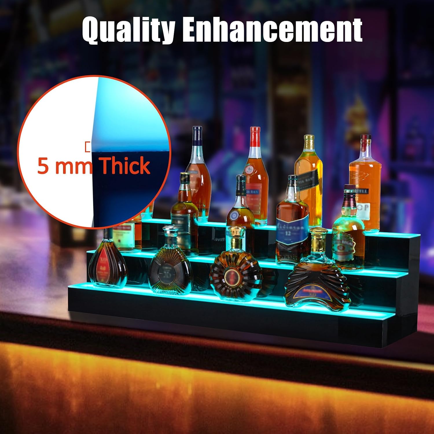 Liquor Bottle Display Shelf, 24 in Acrylic Lighted Bottle Display with Remote & App Control, 1-8 H Timing, 3-Tiers Bottle Stand Mulit-color Lighting for Home/Commercial Bar Display, Home Storage