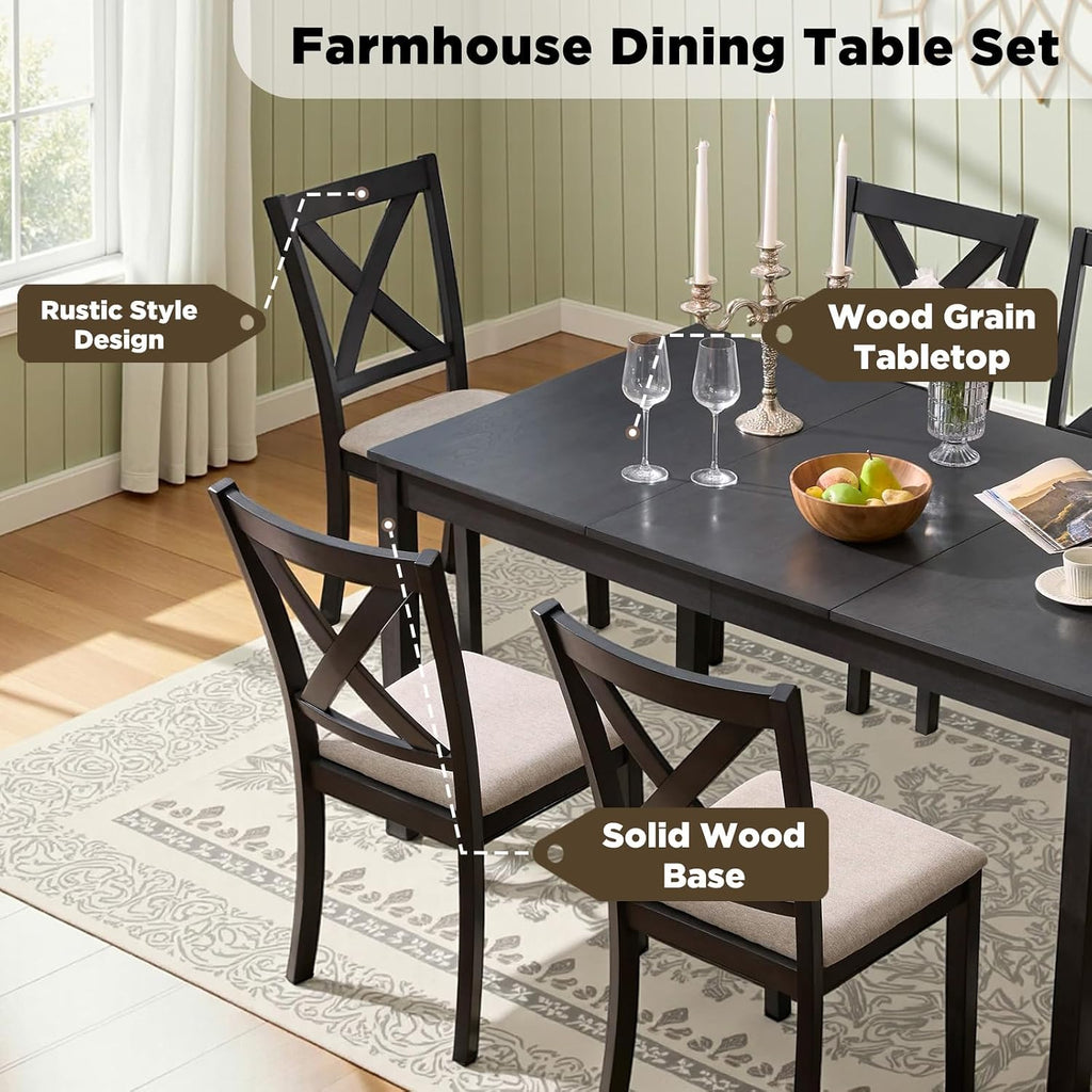 LUXOAK 7-Piece Solid Wood Dining Table Set, 60" Farmhouse Dining Table with 6 Chairs, Rectangular Table Set for 6, Kitchen & Dining Room Furniture, Grey & White