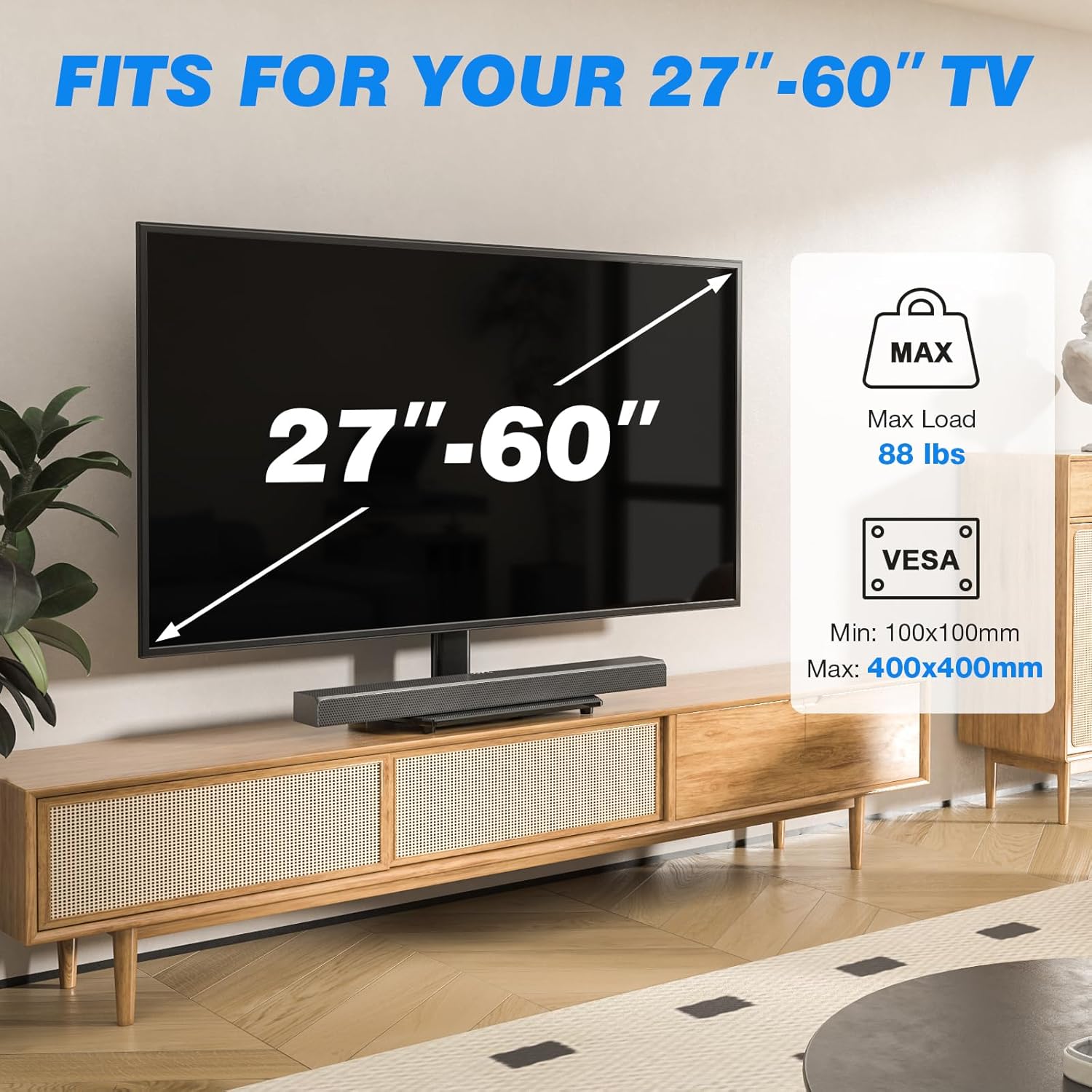 Rfiver Universal Swivel TV Stand for 27-50 55 60 Inch TVs, Height Adjustable Table Top TV Stand Mount Hold up to 88 lbs, Pedestal TV Stands with Tempered Glass Base, Replacement TV Mount Stand