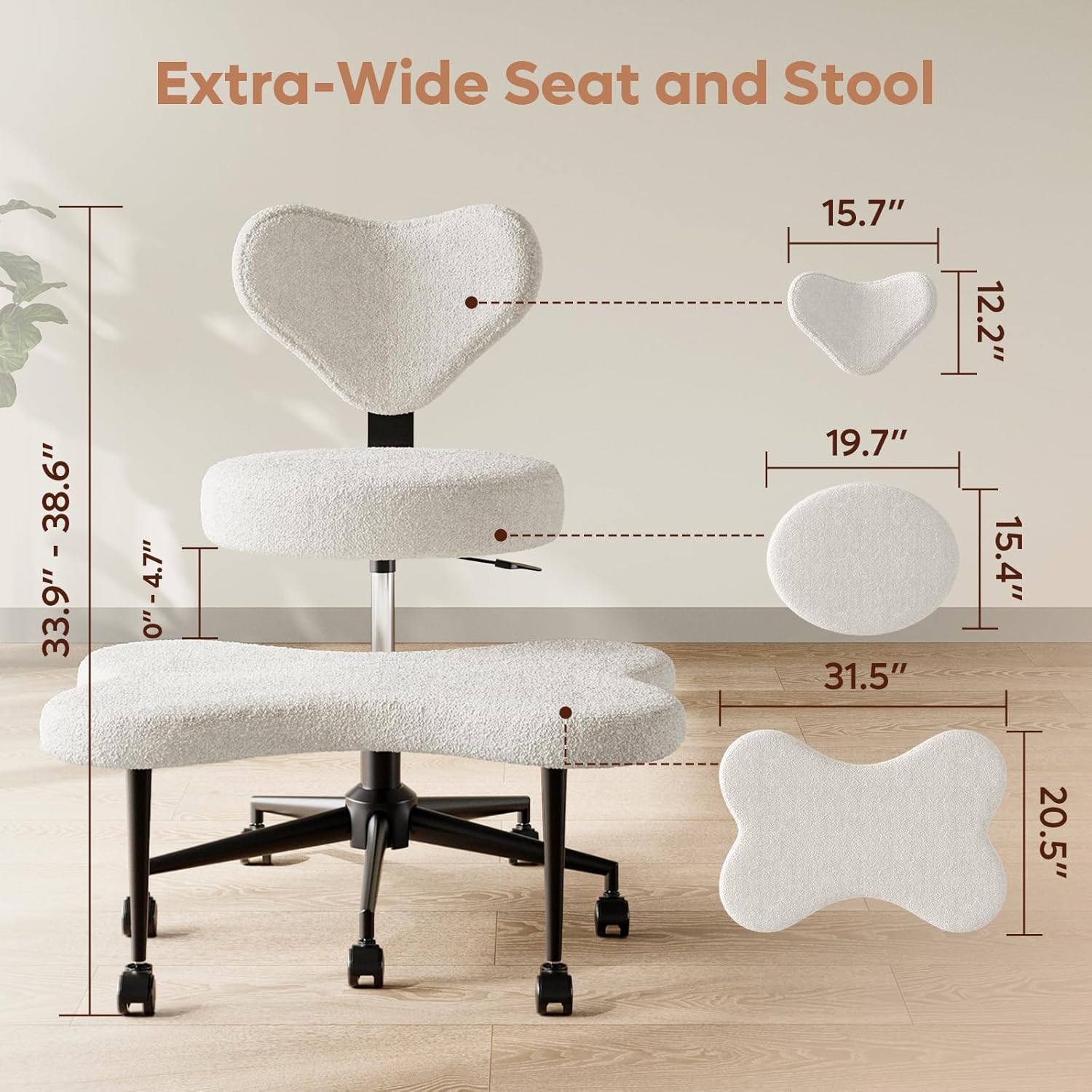Pinmoco Ergonomic Cross Legged Chair, 360° Swivel Meditation Chair with Wheels, Height Adjustable Seat for ADHD, Strong Lumbar Support, Chic Home Office Furniture, Teddy Fabric, Off White