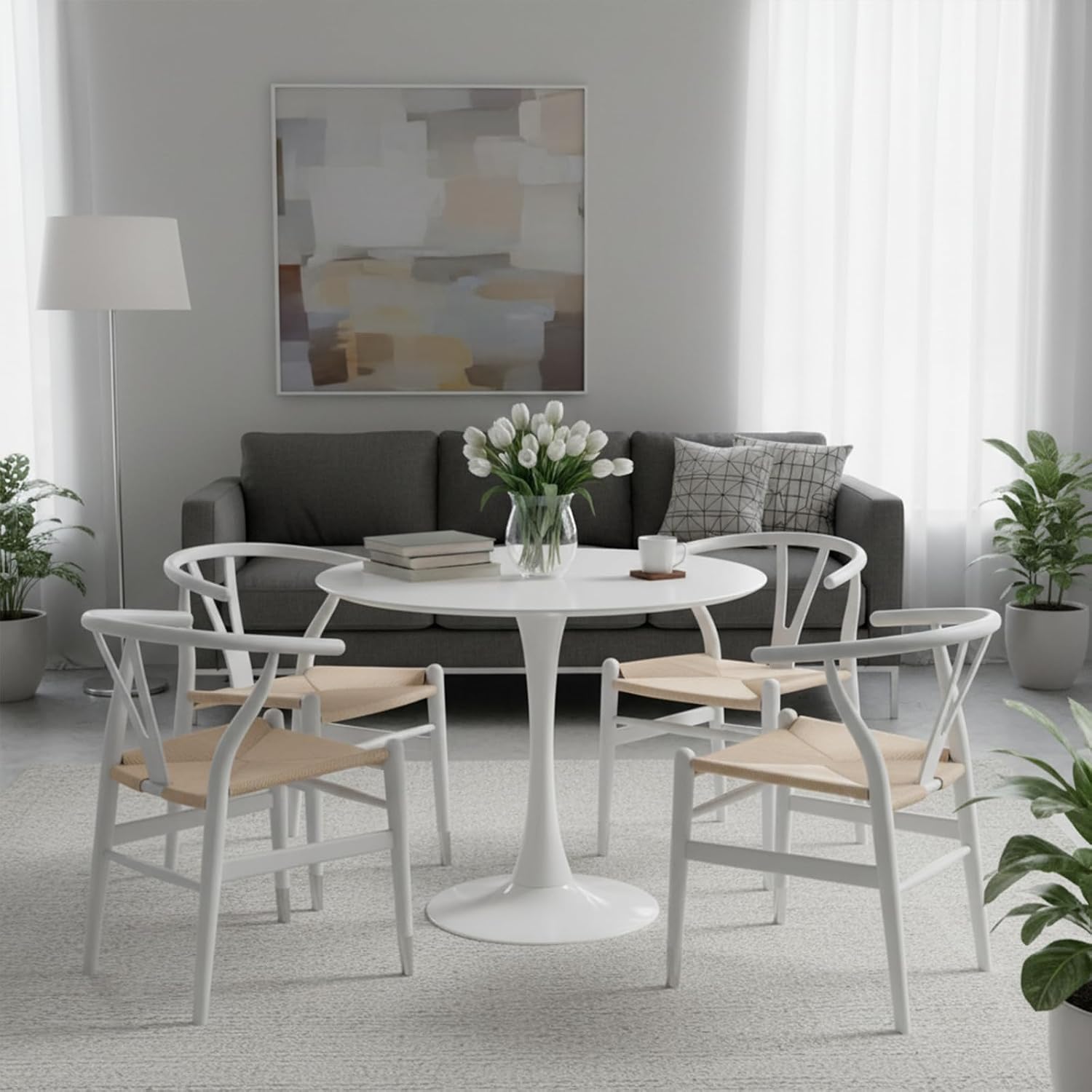 32" White Round Dining Table, Mid-Century Modern Circular Tulip Table with Thickened Top & Sturdy Metal Pedestal, Small Round Bistro Kitchen Table for for 4 People, Easy Assembly