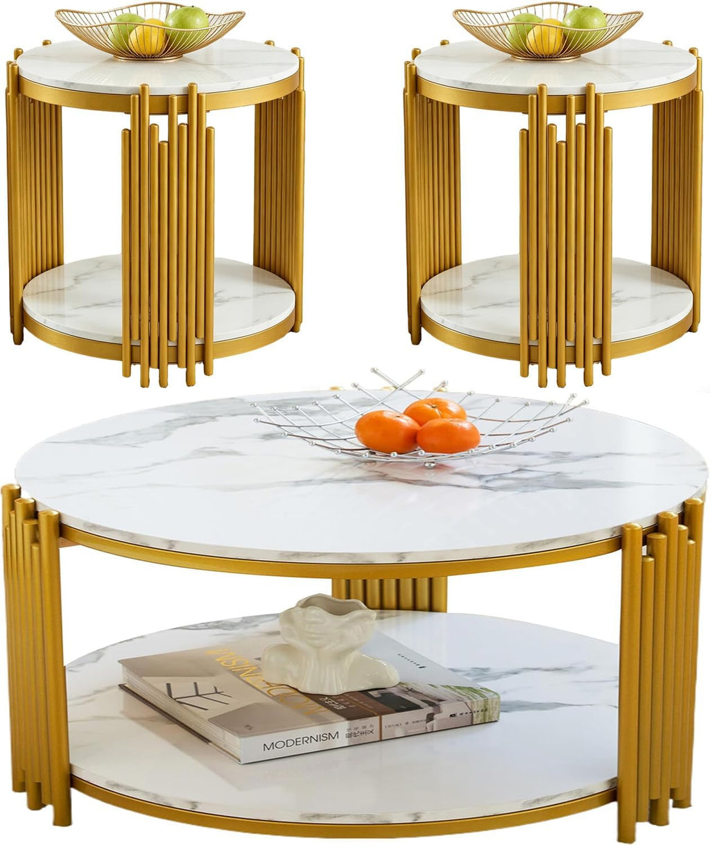 3 Piece Living Room Table Set, Faux Marble Round Coffee Table and End Tables, Luxury Modern White Coffee Table Set of 3 with Gold Metal Frame for Living Room, Bedroom, Apartment