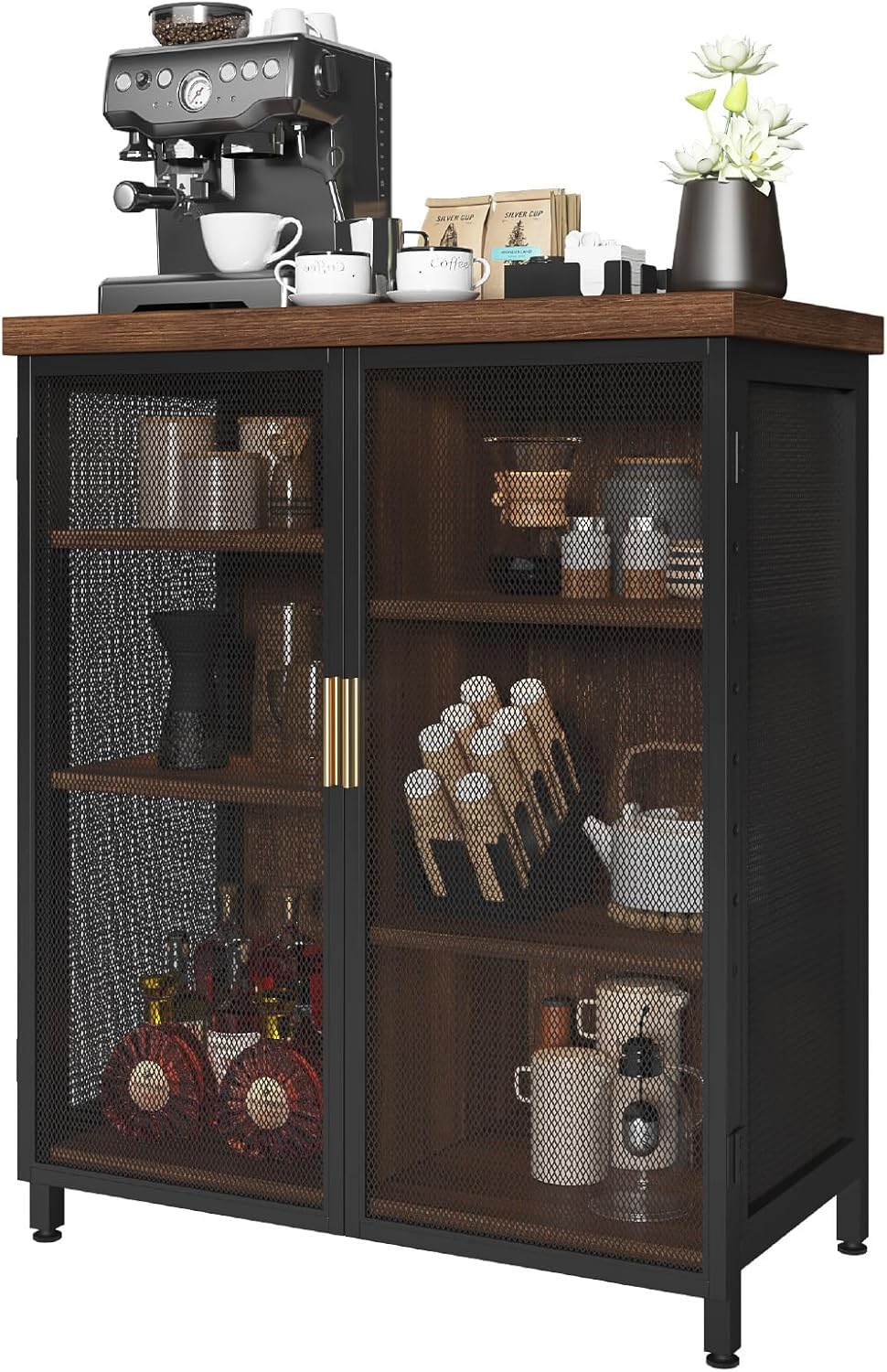 Buffet Cabinet, Metal Mesh Storage Sideboard with Adjustable Shelves, Coffee Bar Cabinet for Dining Room, Kitchen, Living Room, Entryway,Vintage Brown
