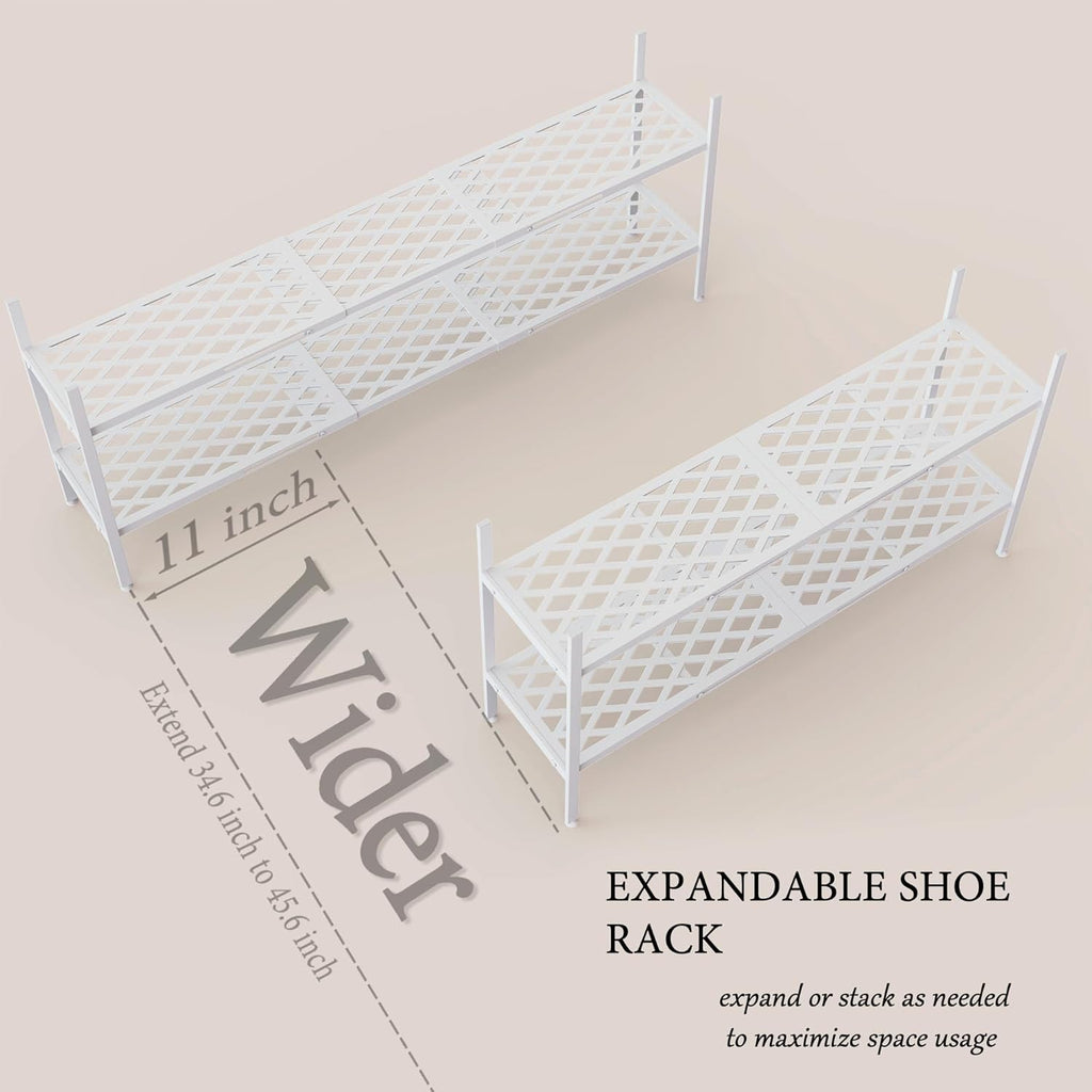 Shoe Rack, Expandable Shoes Organizer Metal Shelf Stand, 2 Tier Stackable Long Shoe Storage Holder For Closet, Floor, Entryway, Garage, Bedroom, Door Entrance For 12-18 Pairs, 45.6 inches White