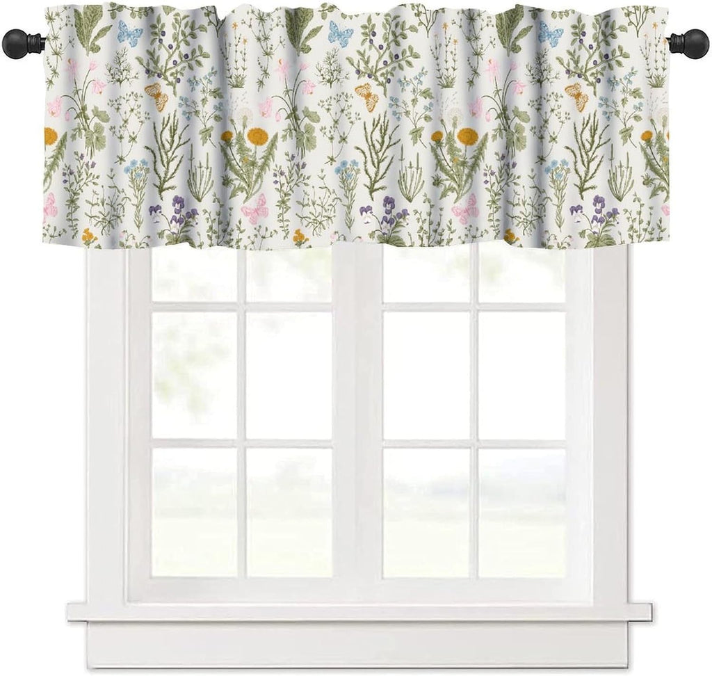 Vintage Plant Valance Curtains,Retro Wildflower Green Leaf Ferns Print for Farmhouse Kitchen Bathroom Laundry Living Room Deco 54" W x 18" L Inch