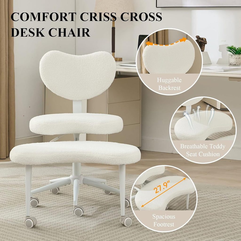 360° Swivel Meditation Chair Plus, Teddy Upholstered Cross Legged Chair with Flexible Design, ADHD Desk & Yoga - Wide Criss Cross Desk Chair for Fidgety Sitters (Ivory + Teddy)