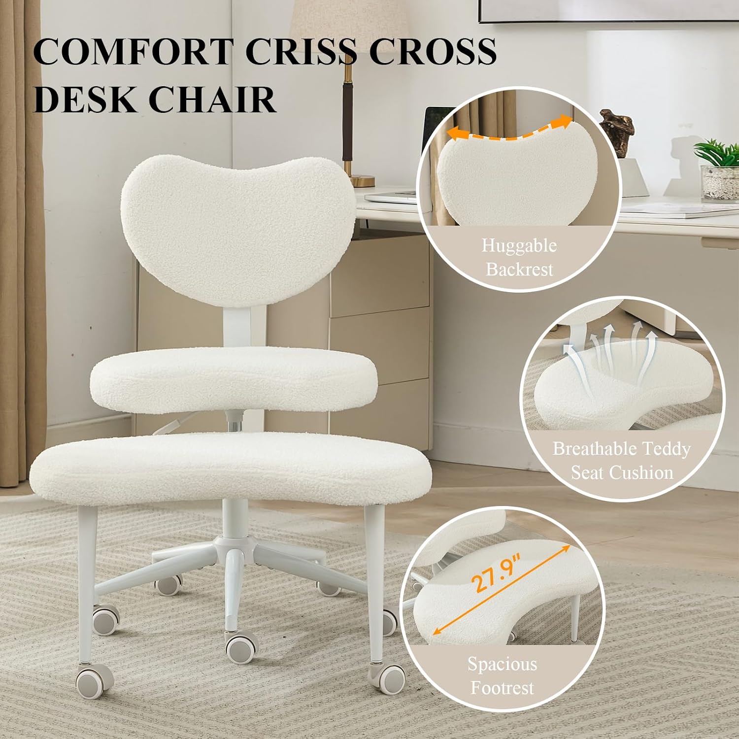 360° Swivel Meditation Chair Plus, Teddy Upholstered Cross Legged Chair with Flexible Design, ADHD Desk & Yoga - Wide Criss Cross Desk Chair for Fidgety Sitters (Ivory + Teddy)