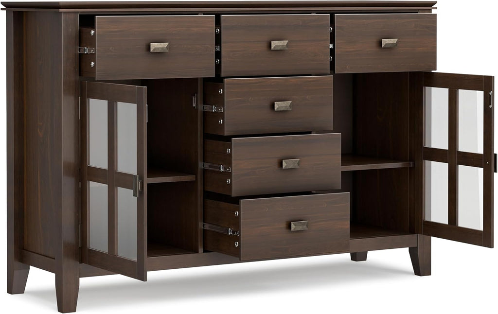 SIMPLIHOME Artisan Buffet - 54 inch Wide Solid Wood 3-Door Sideboard Buffet in Natural Aged Brown, Transitional Storage Cabinet for Dining Room or Kitchen with Adjustable Shelves and Bronze Hardware