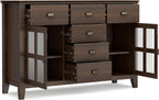SIMPLIHOME Artisan Buffet - 54 inch Wide Solid Wood 3-Door Sideboard Buffet in Natural Aged Brown, Transitional Storage Cabinet for Dining Room or Kitchen with Adjustable Shelves and Bronze Hardware