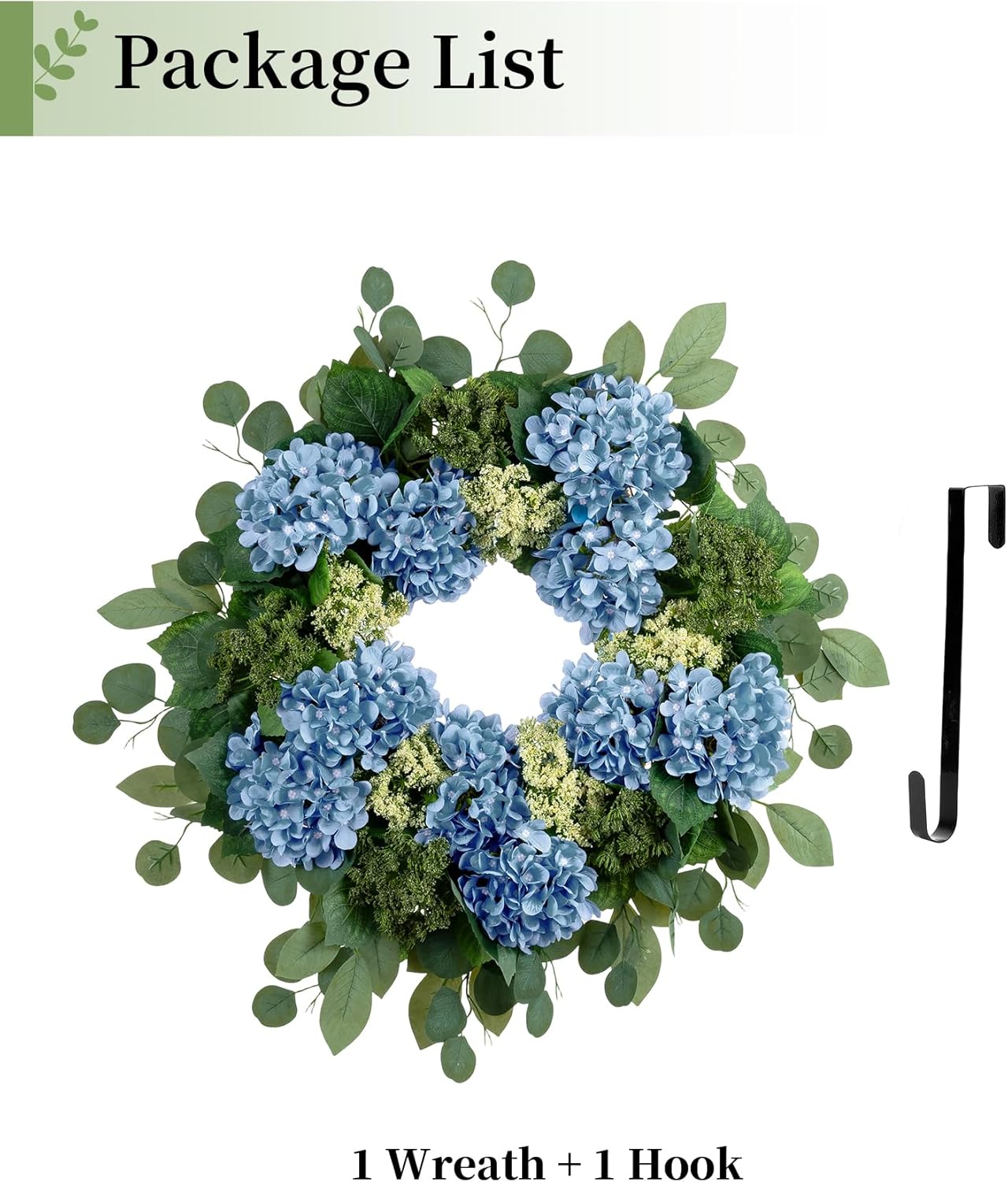 BLOSMON Hydrangea Wreaths for Front Door: 26 Inch Summer Spring Wreath Decorations for Home Outdoor Indoor - Dusty Blue Flower Wreath with Hanger for Outside All Season Wall Window Decor