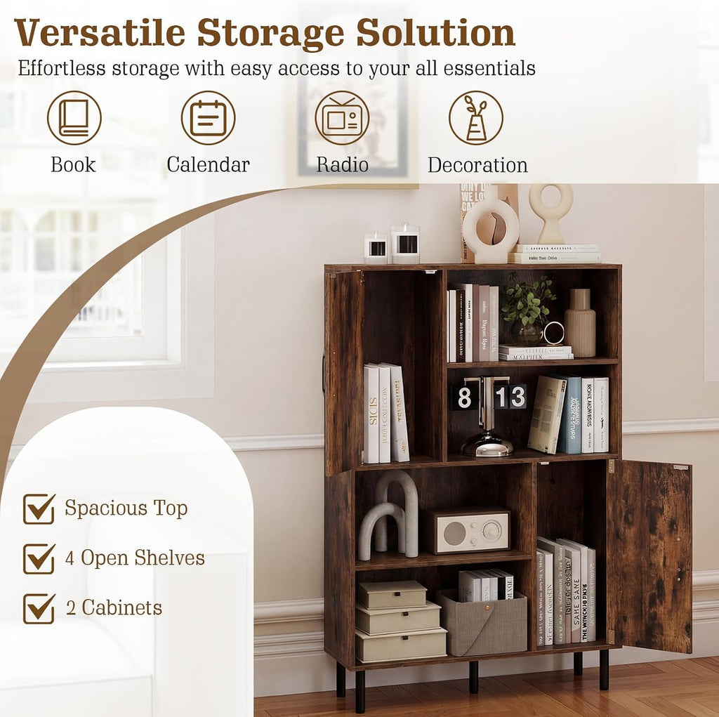 Giantex 47-Inches Storage Cabinet with Doors, Open Shelves, Anti-Tipping Device, 4-Tier Bookcase for Books & Photos, Tall Cupboard, Floor Cabinet for Living Room, Kitchen Buffet Sideboard (Brown)