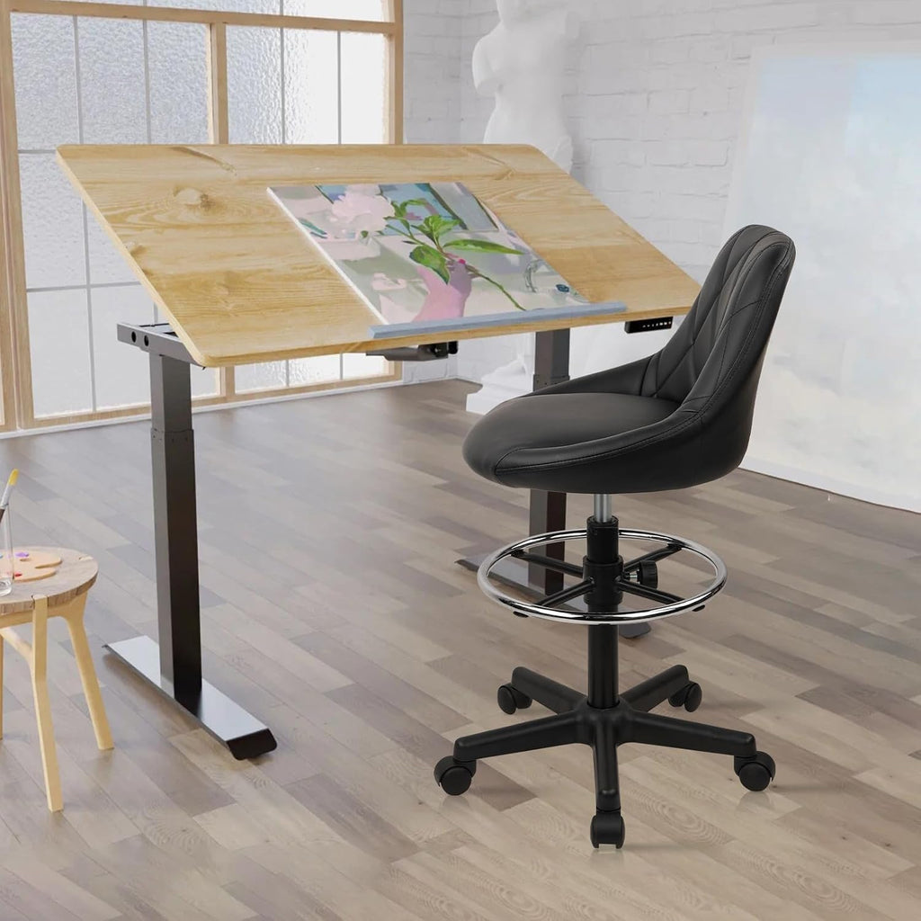 KLASIKA Adjustable Drafting Chair with Backrest & Wheels, Tall Swivel Rolling Stool with Height Adjustable Footrest, PU Leather Ergonomic Office Desk Chair for Workshop Home Kitchen Bar, Black