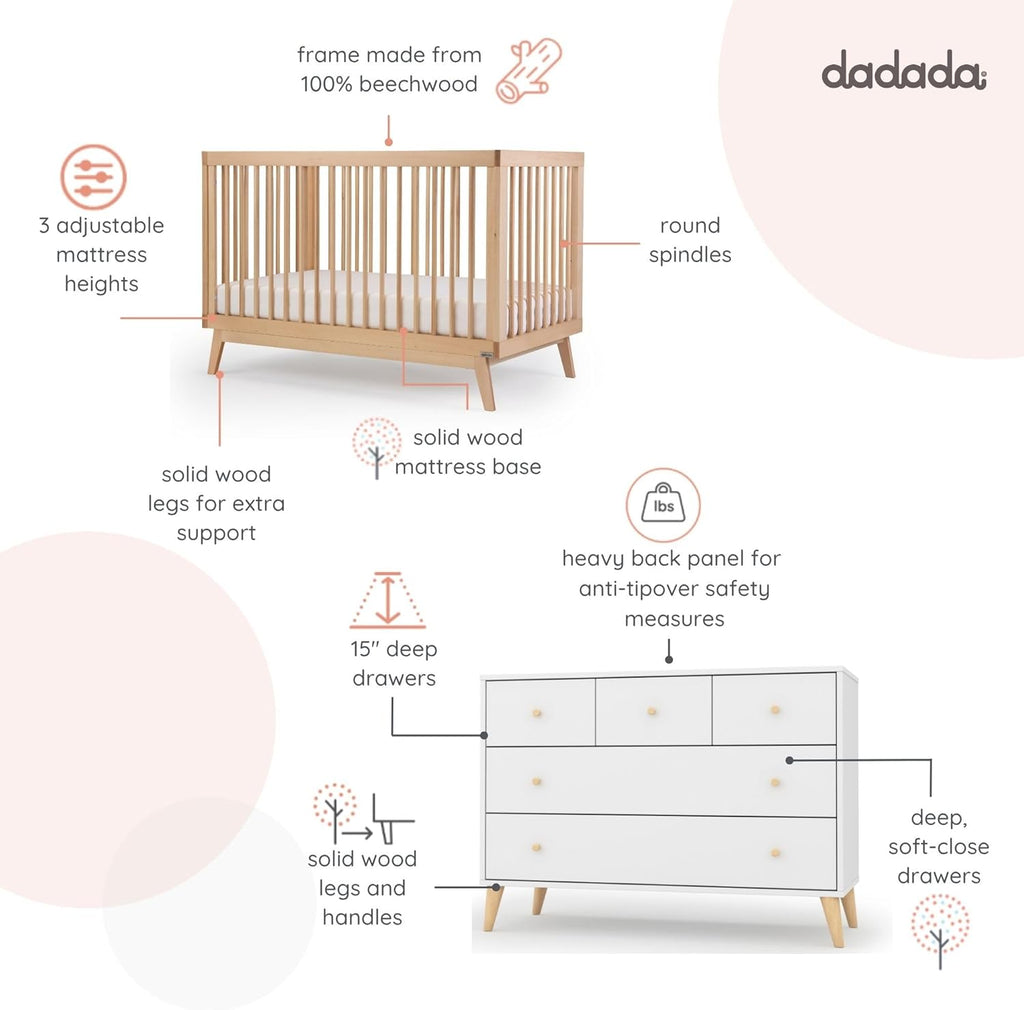 dadada Baby Harmony Set, Nursery Furniture Set. Baby Crib and Dresser Combo. Soho 3-in-1 Convertible Crib and Austin 5 Drawer Nursery Dresser. Natural Beechwood