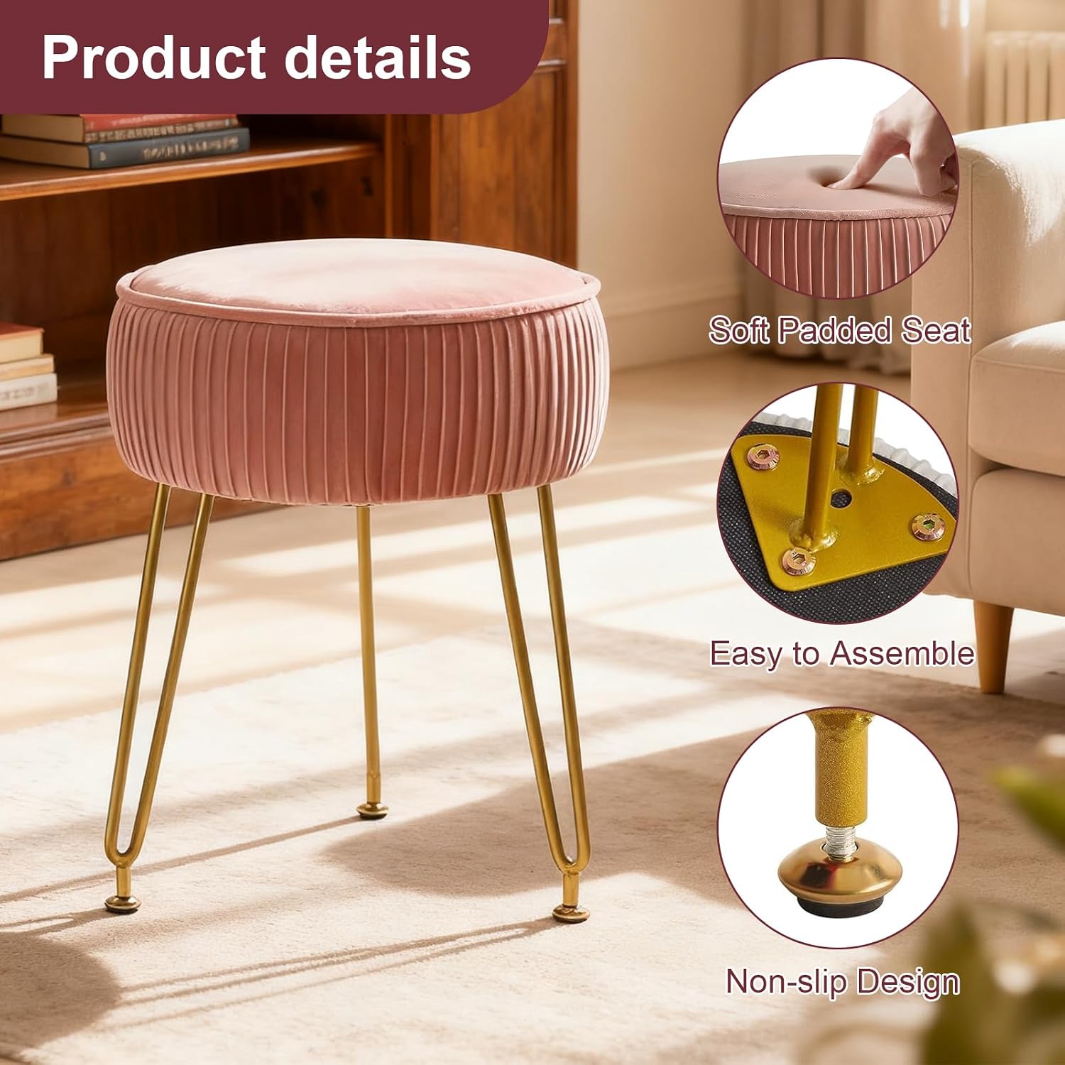 Vanity Chair,Velvet Ottoman Stool with Round Seat,Plush Cushioned Vanity Chair,Sturdy Gold Metal Legs for Bedroom and Dressing Table,Pink