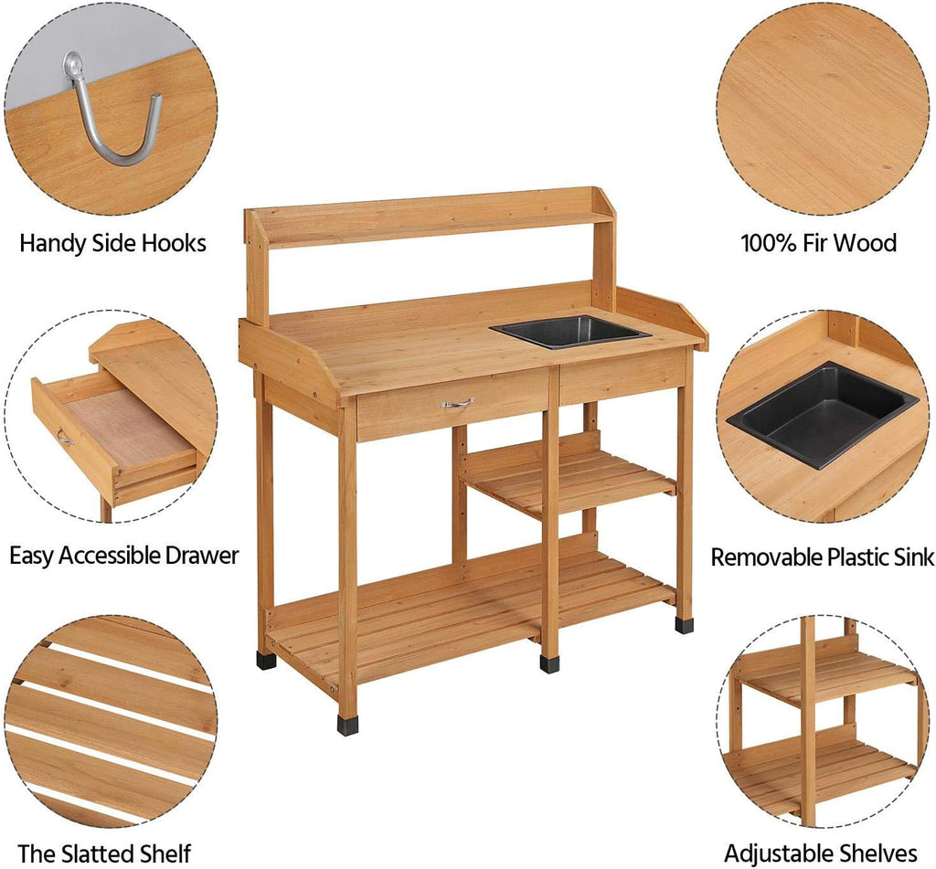 Topeakmart 45.2x17.7x47.6'' (LxWxH) Potting Benches Outdoor Garden Potting Table Work Bench with Removable Sink Drawer Rack Shelves Work Station, Wood