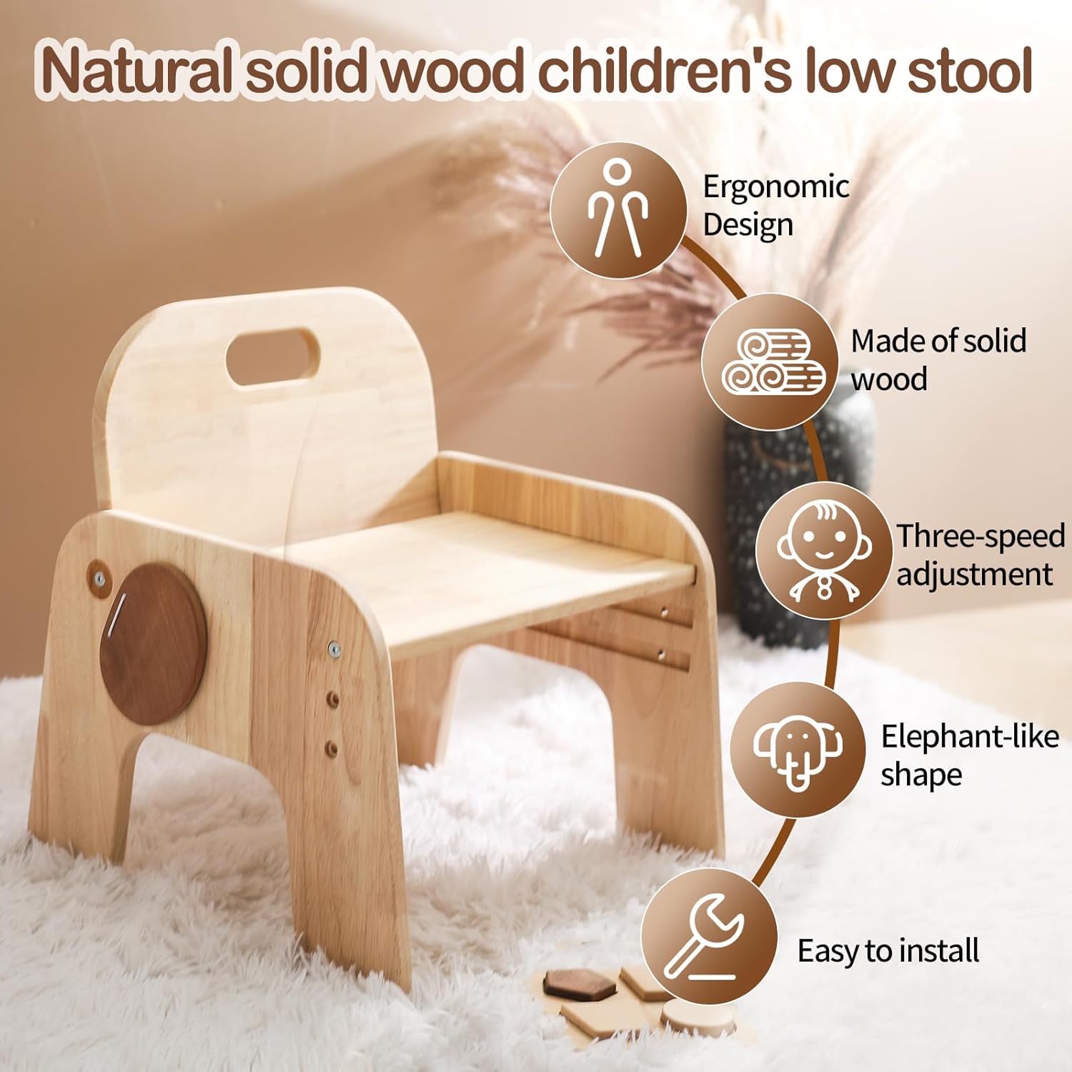 ibwaae Natural Solid Wooden Kids Chair Height-Adjustable Wooden Chair for Toddlers Montessori Furniture Birthday Gift for Children