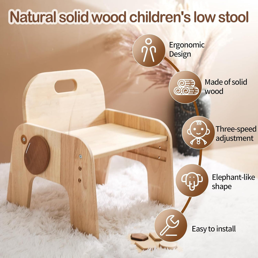 ibwaae Natural Solid Wooden Kids Chair Height-Adjustable Wooden Chair for Toddlers Montessori Furniture Birthday Gift for Children