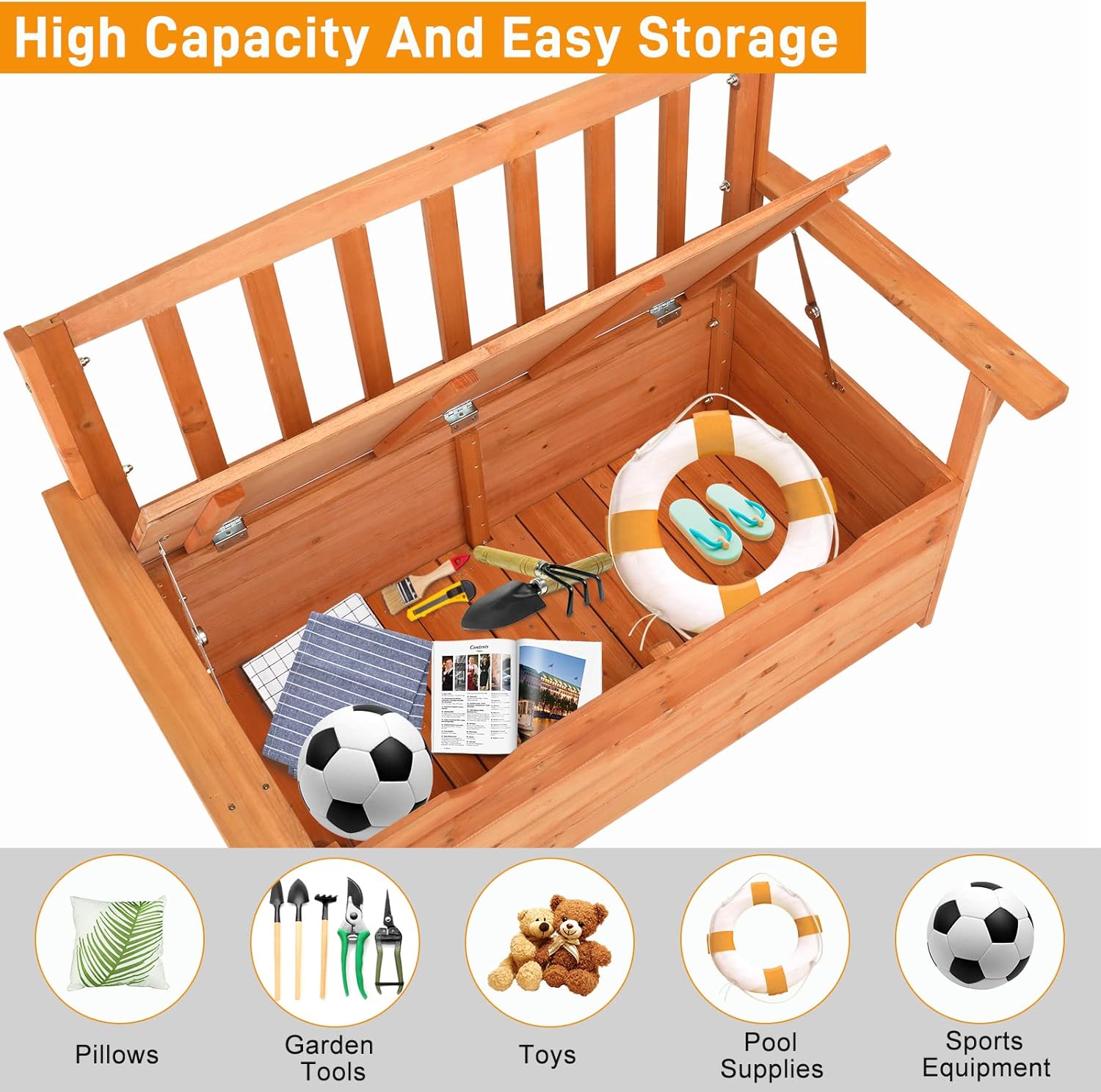 Outvita Outdoor Wood Storage Bench, Wooden Large Deck Box with Seating & Armrest, Waterproof Patio Organizer Loveseat for Garden Porch Deck Backyard Poolside, Natural